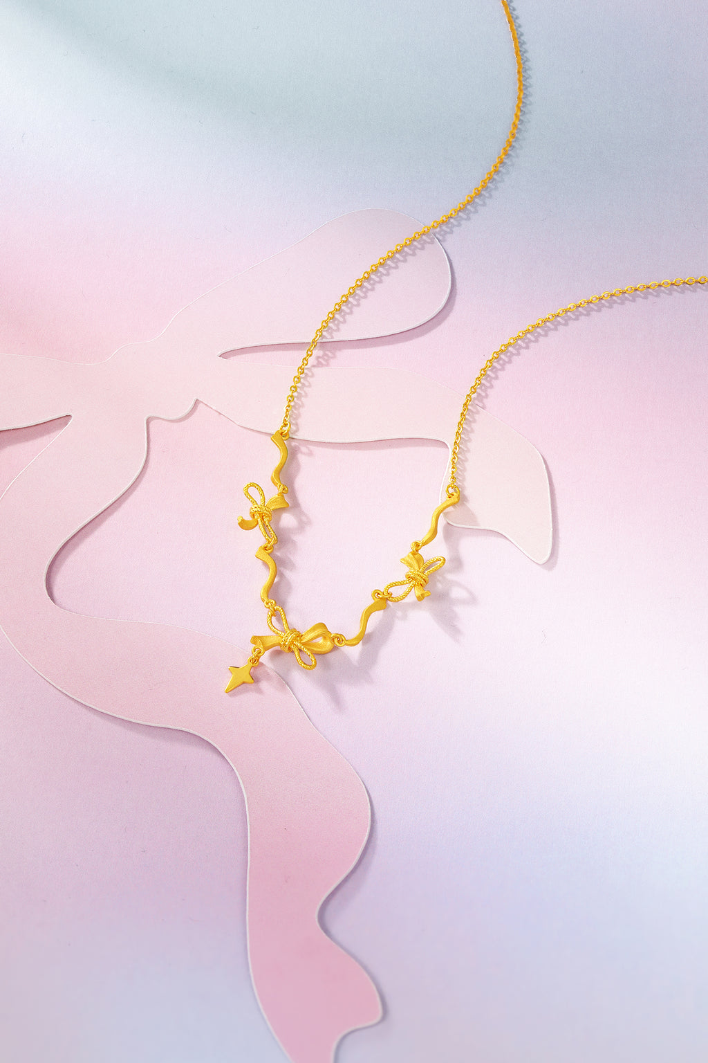 "Girl's Worries" 24K Gold Pendant Necklace Bow 5.38-6.58g A0615789