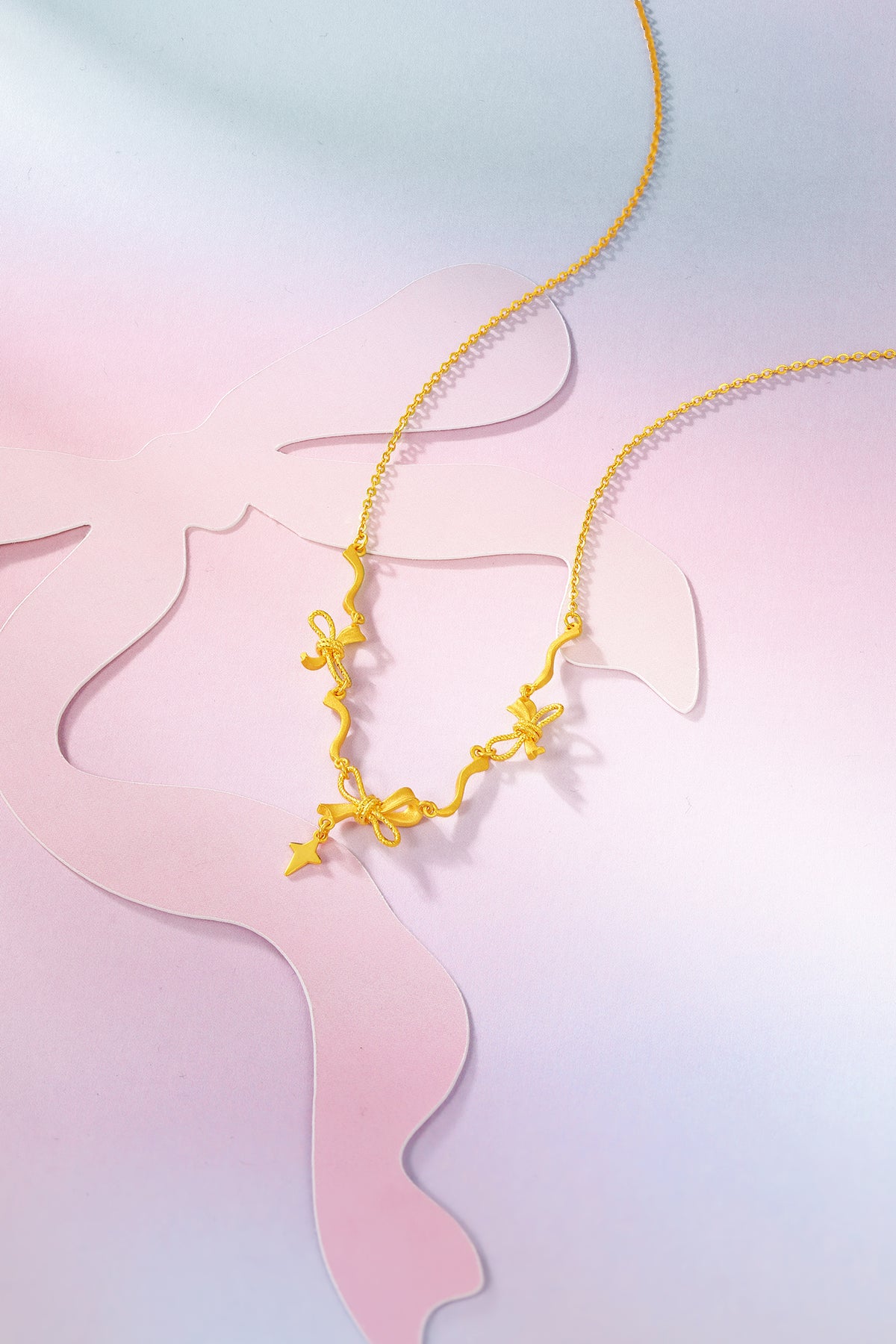 "Girl's Worries" 24K Gold Pendant Necklace Bow 5.38-6.58g A0615789