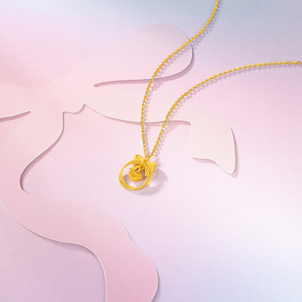 "Girl's Worries" 24K Gold Pendant Necklace Bow 3.58-3.98g A0615491