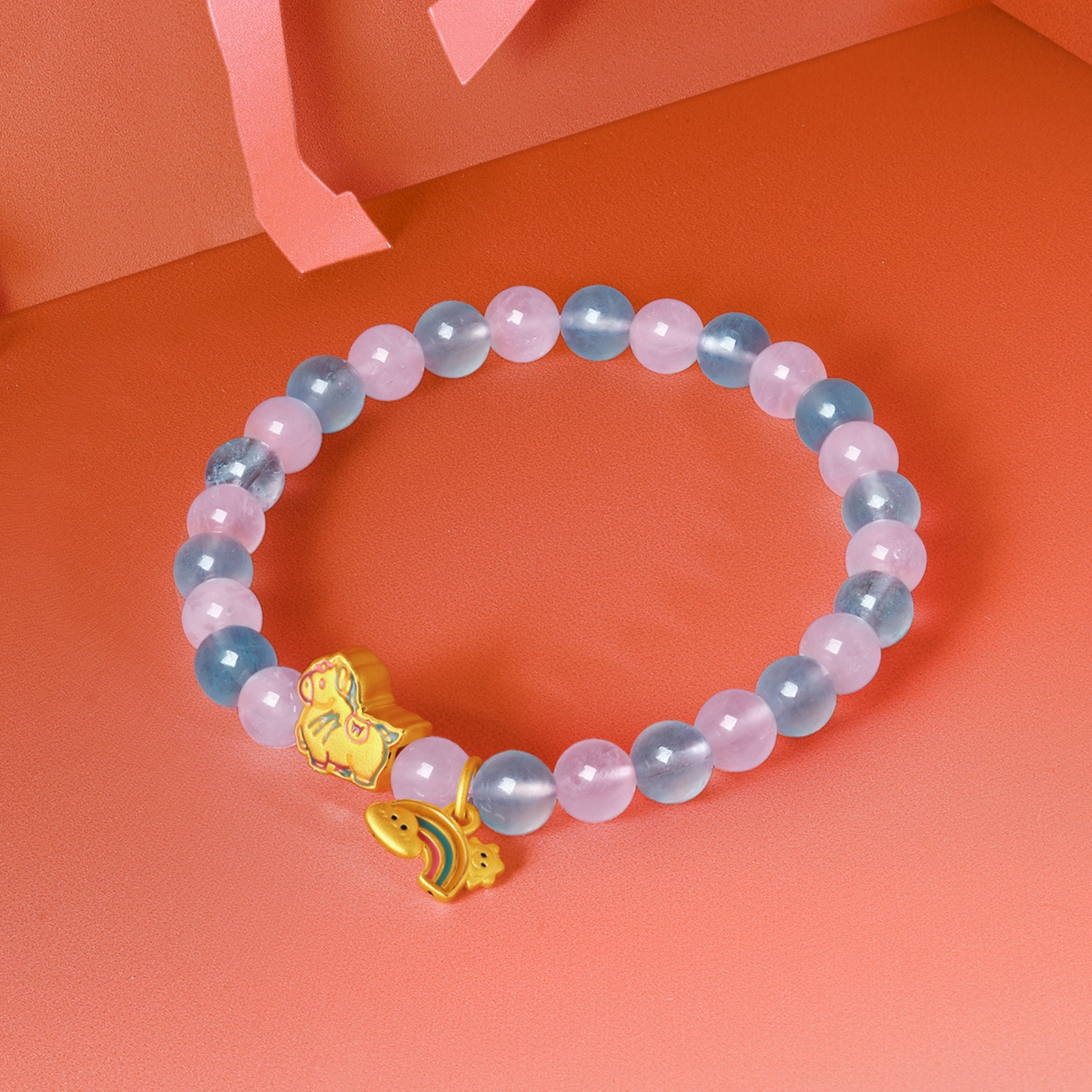 'Year of the Horse'  24K Gold Beaded Bracelet Rose Quartz Aquamarine Horse Rainbow 1.3-1.6g 17cm A1915543