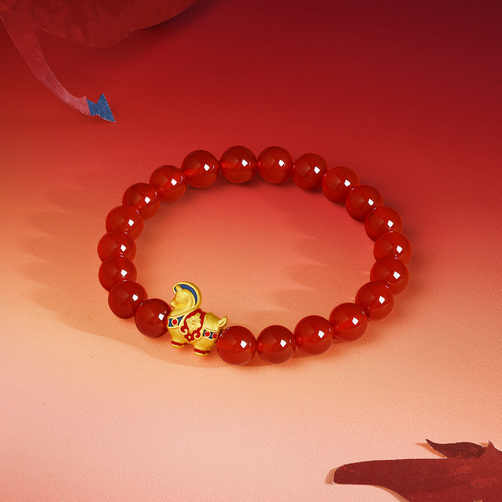 'Year of the Horse'  24K Gold Beaded Bracelet Agate Horse 0.87-1.17g 17cm A1920841
