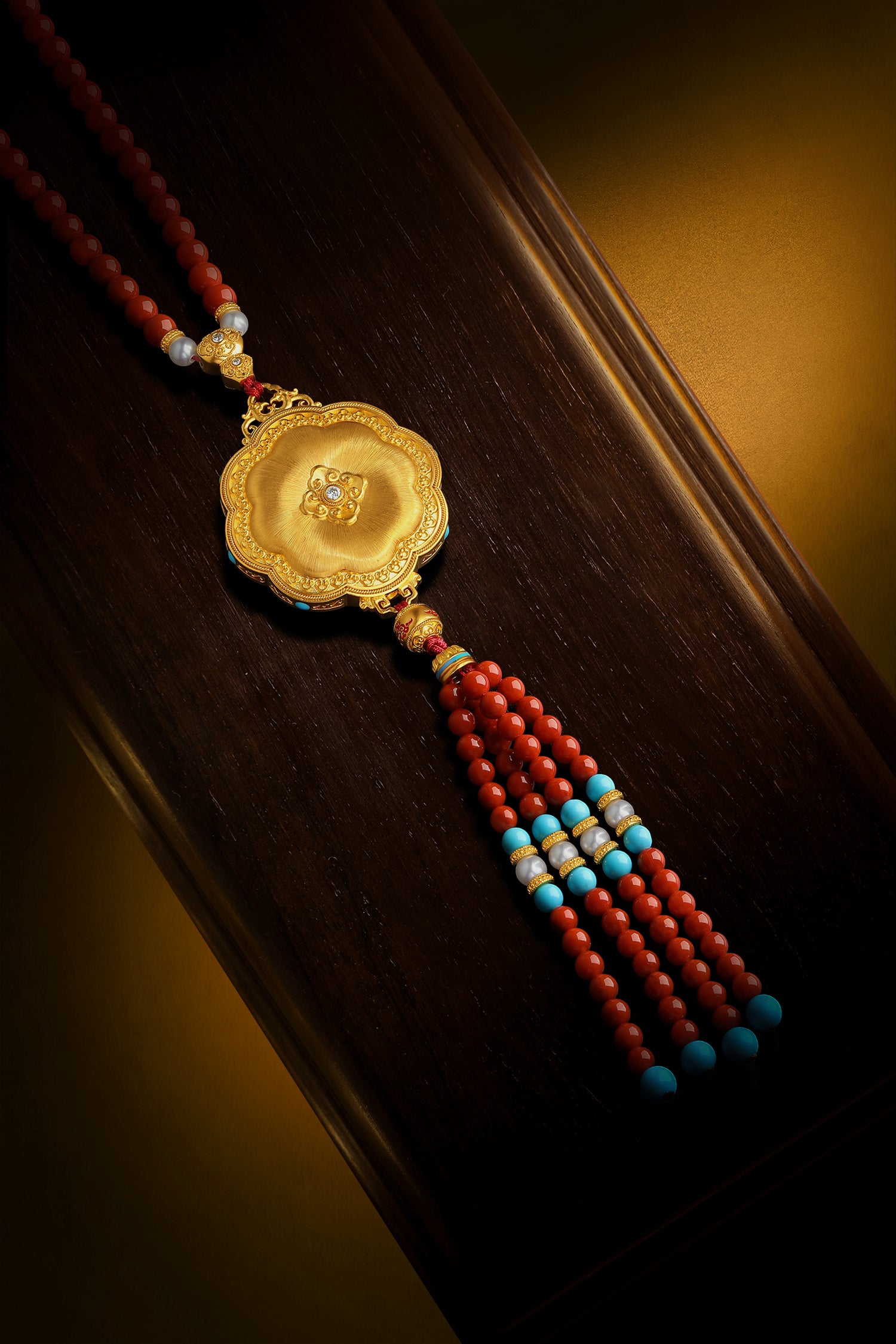 "Chinese Culture Collection - Dan Qing" 24K Gold Pendant Necklace Braided Rope Agate 3-5.5mm Diamond 0.05ct 0.0024-0.0045 Dragons & Phoenixes 56-64.5g J0636327