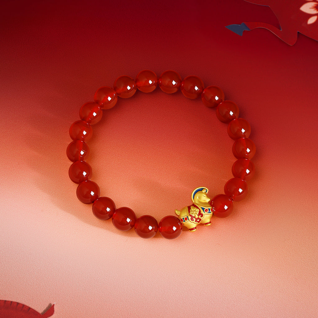 'Year of the Horse'  24K Gold Beaded Bracelet Agate Horse 0.87-1.17g 17cm A1920841