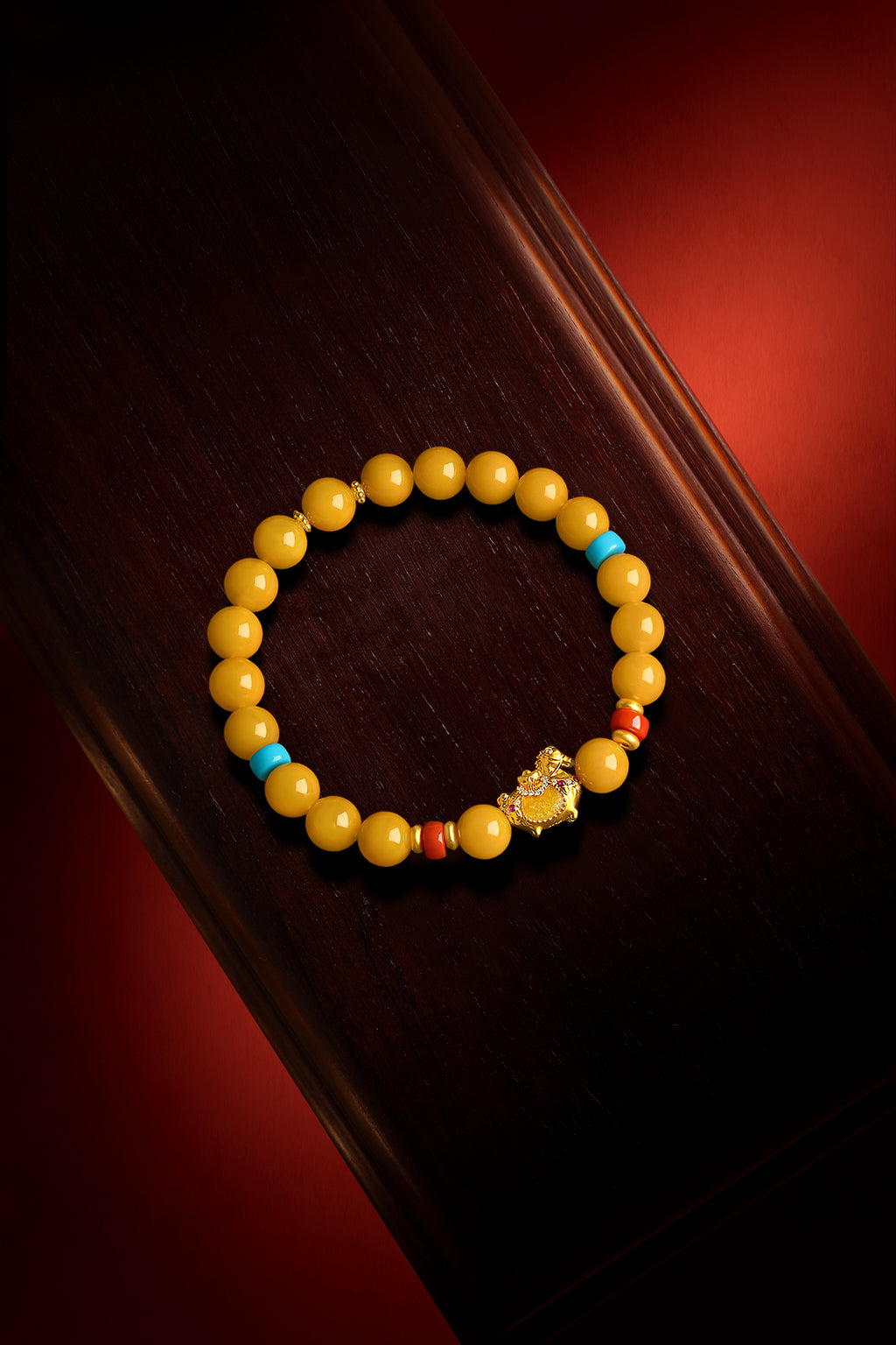 "Chinese Culture Collection - Dan Qing" 24K Gold Beaded Bracelet Amber 8-8.5mm Diamond 0.0025ct Agate 5.8-6.3*3.5-4mm Horse 1.1-1.6g J1937265