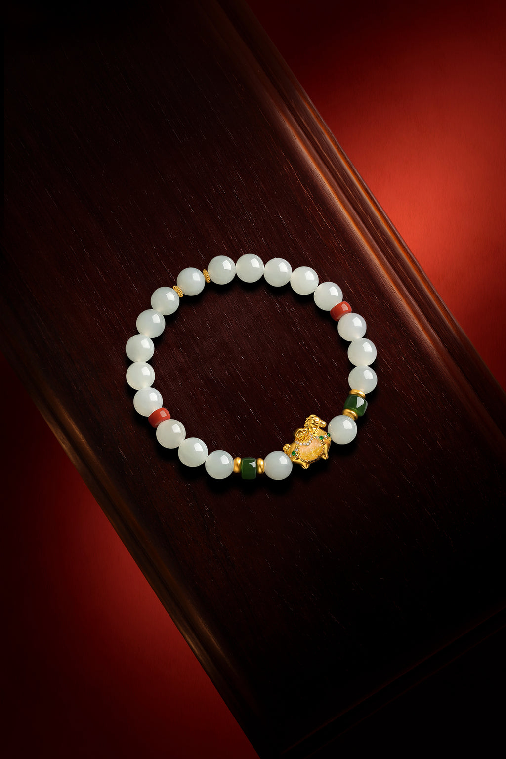 "Chinese Culture Collection - Dan Qing" 24K Gold Beaded Bracelet Hetian Jade 7.8-8.3mm Diamond 0.0026ct 5.8-6.3*2.8-3.3mm Horse 1.1-1.6g Y1937270