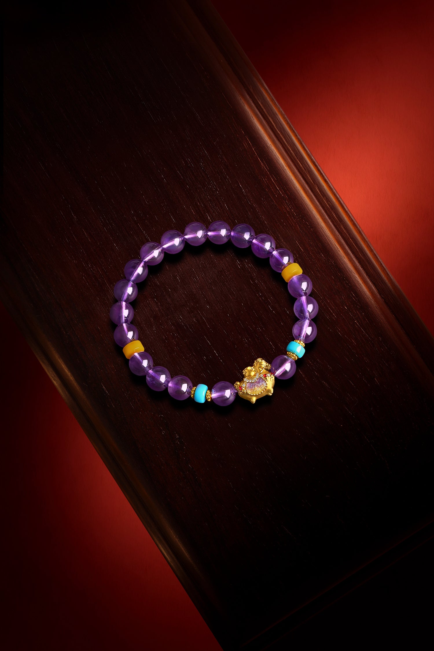 "Chinese Culture Collection - Dan Qing" 24K Gold Beaded Bracelet Amethyst 7.8-8.3mm Diamond 0.0024ct Turquoise 5.8-6.3*2.8-3.3mm Horse 0.9-1.5g J1937268