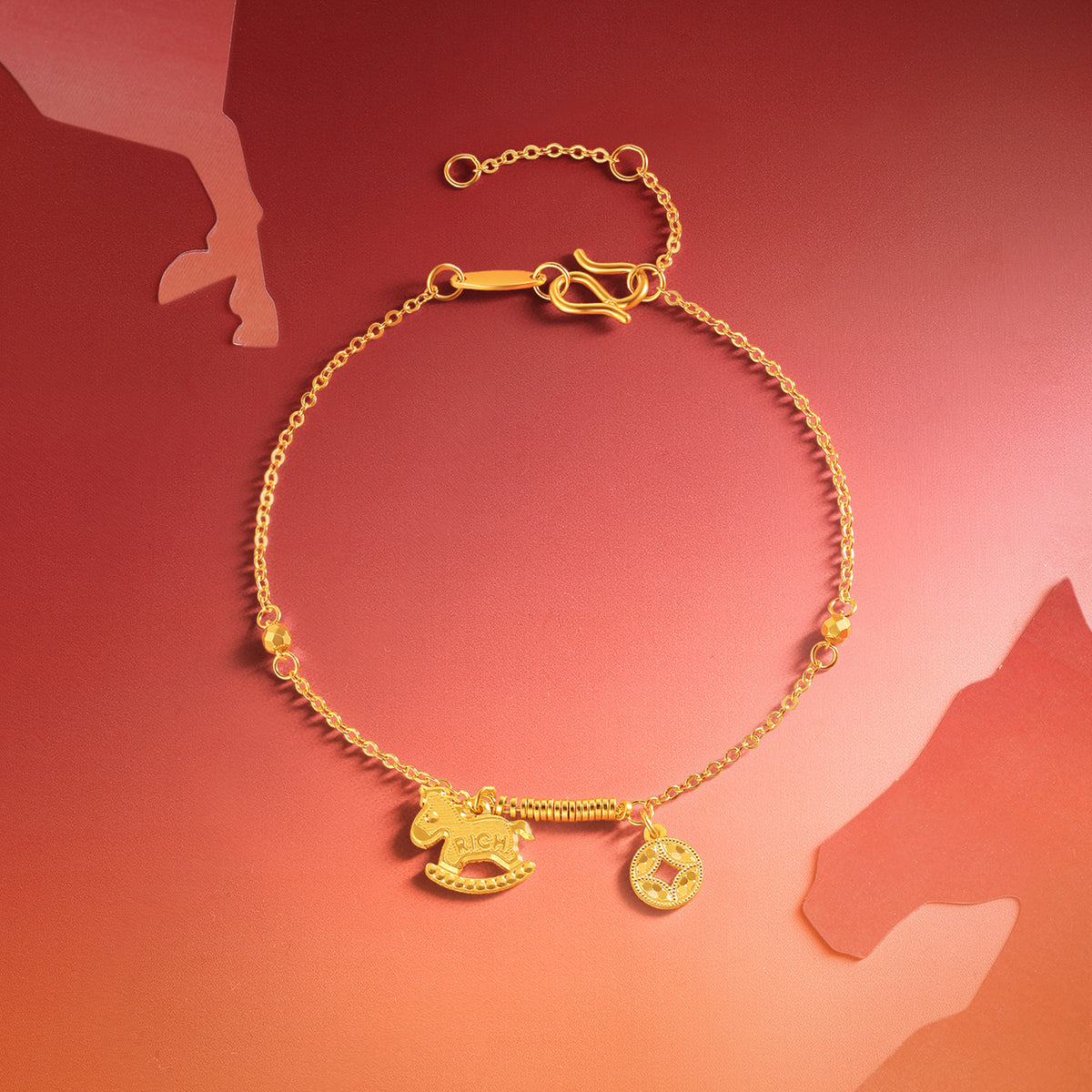 "Chinese Zodiac Horse" 24K Gold Chain Bracelet Horse 2.63-3.43g A0723991
