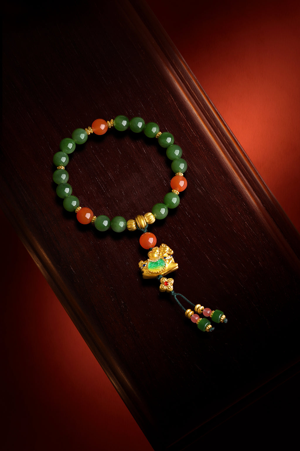 "Chinese Culture Collection - Dan Qing" 24K Gold Beaded Bracelet Braided Rope Hetian Jade 7.5-8mm Diamond 0.0032ct Agate 4-4.5mm Horse 5.5-7.2g Y1937292