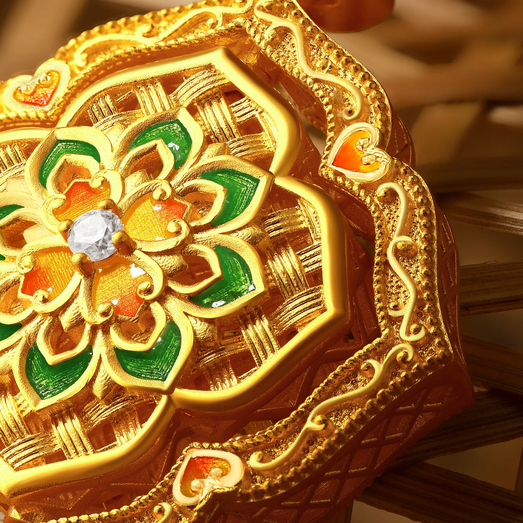 「中國文化系列 - 竹編」 24K金吊墜項鍊 鑽石0.012克拉 鑽石0.01克拉 花卉圖案 16.45-18.45克 W0423515