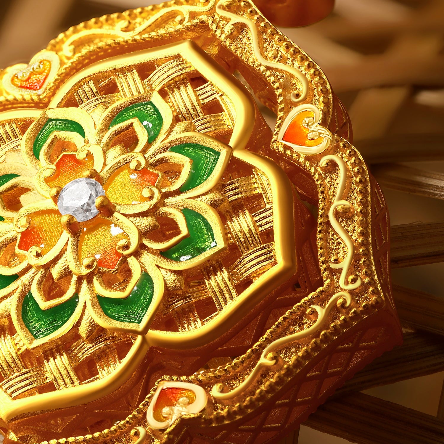 「中國文化系列 - 竹編」 24K金吊墜項鍊 鑽石0.012克拉 鑽石0.01克拉 花卉圖案 16.45-18.45克 W0423515