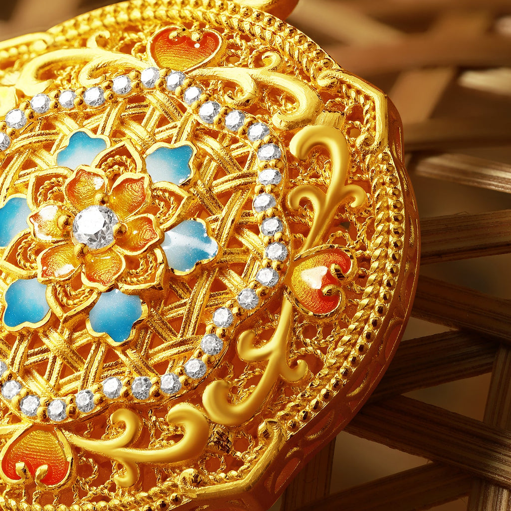 "Chinese Culture Collection - Woven Bamboo" 24K Gold Pendant Necklace Diamond 0.005ct Flora 12.84-14.84g W0423506