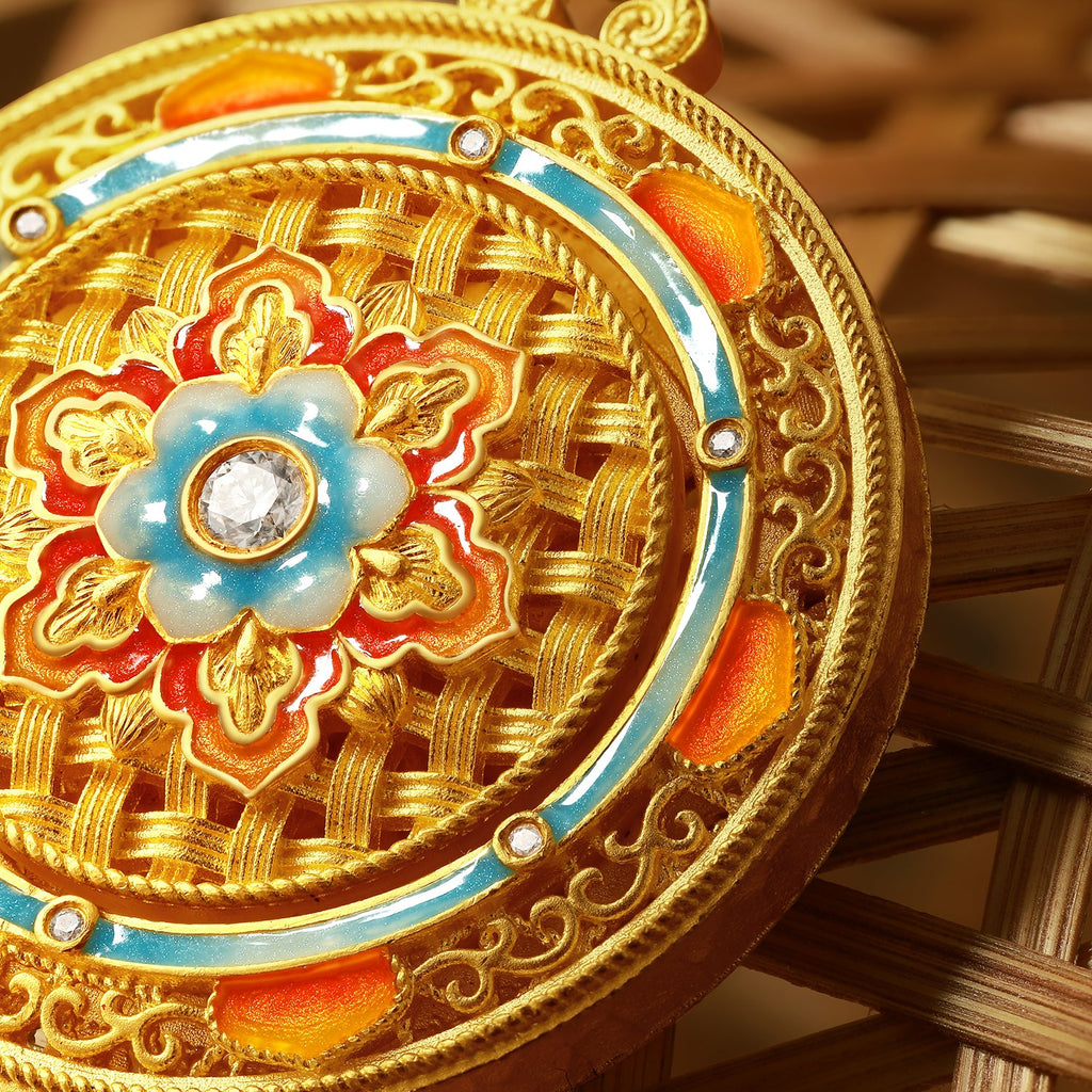 「中國文化系列 - 竹編」 24K金吊墜項鍊 鑽石 0.003克拉 花卉圖案 18.14-20.5克 W0423510