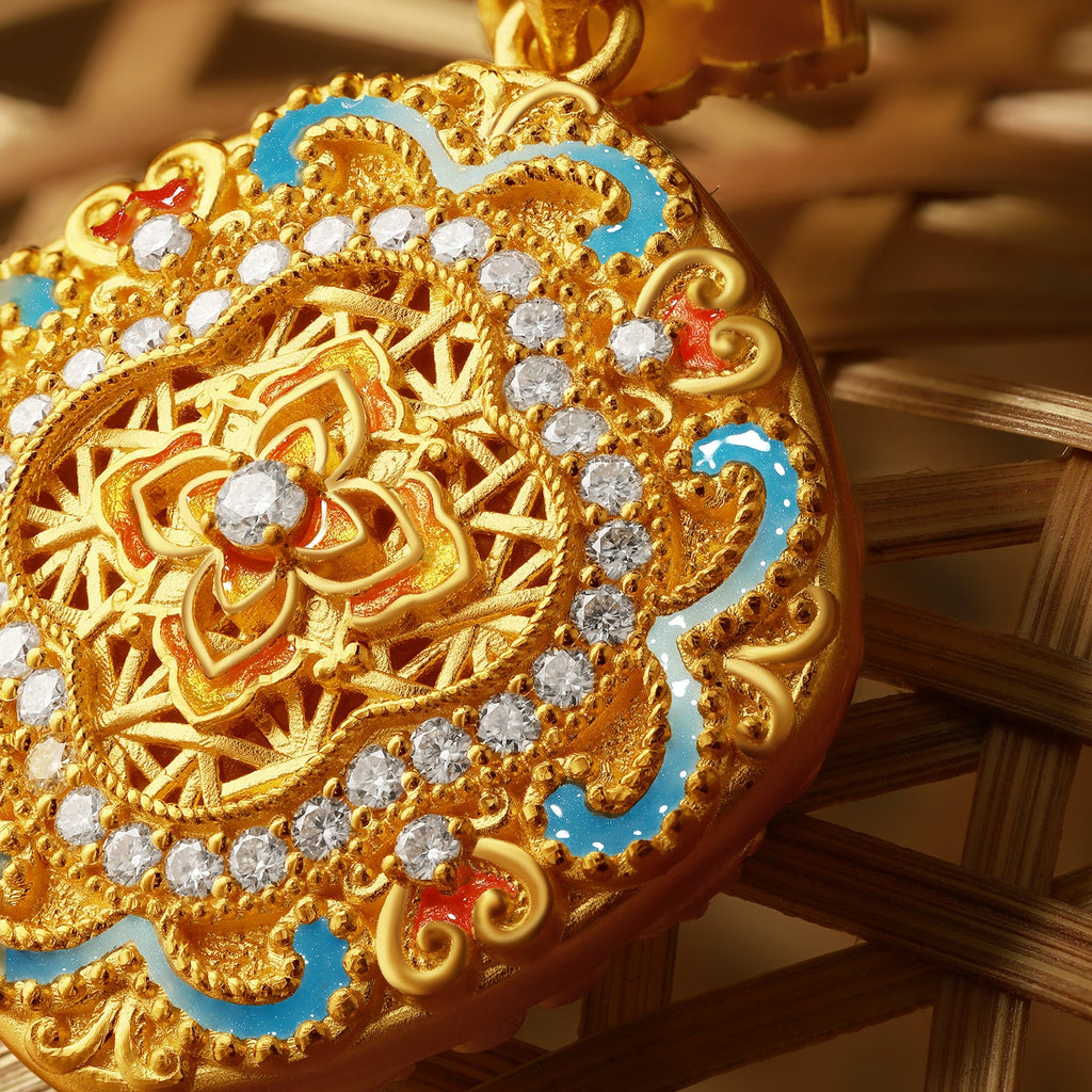 「中國文化系列 - 竹編」 24K金吊墜項鍊 鑽石0.015克拉 鑽石0.014克拉 花卉圖案 16.58-18.58克 W0423508