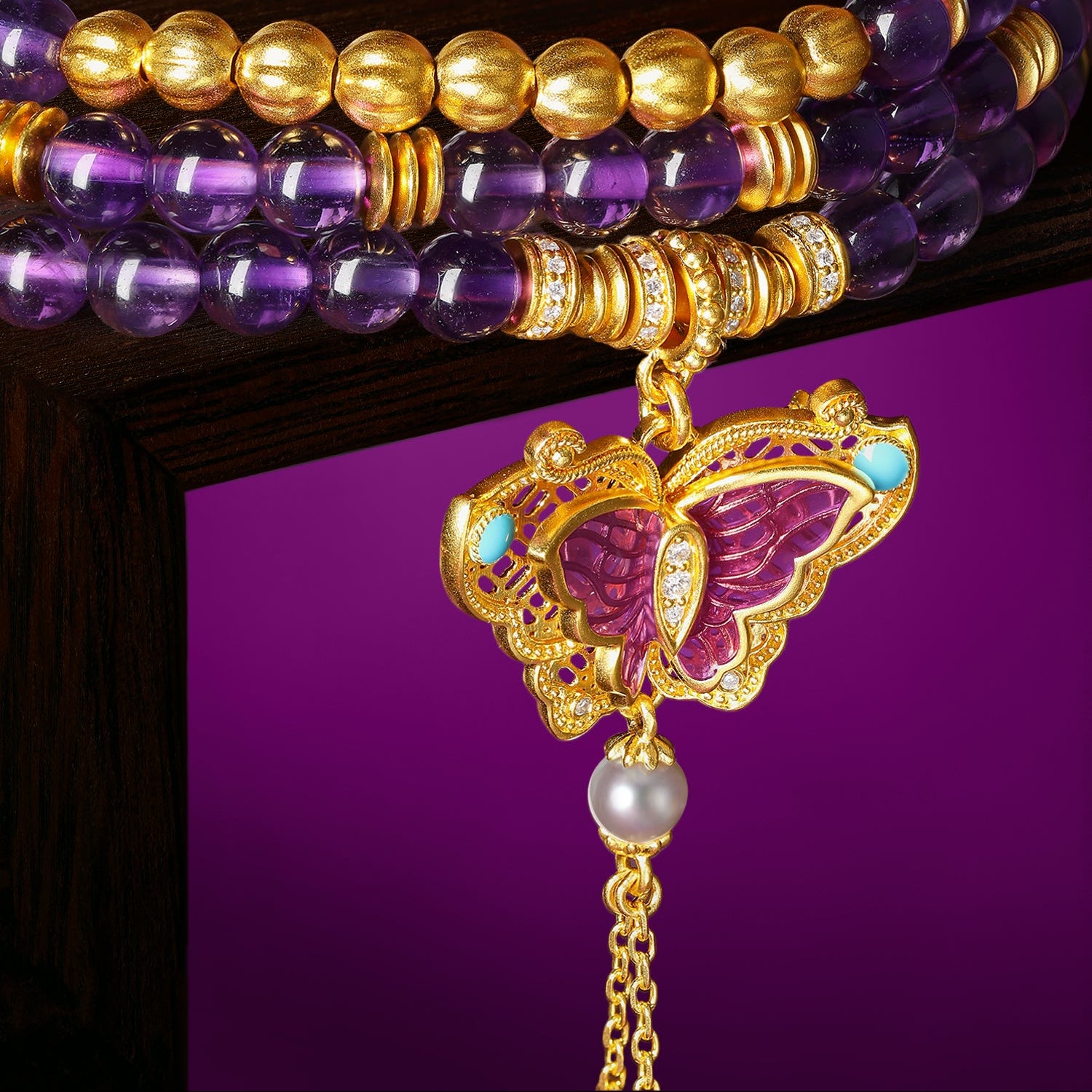 "Chinese Culture Collection - Dan Qing" 24K Gold Beaded Bracelet Amethyst 4-4.5mm Diamond 0.0029ct 4-4.5mm Butterfly 15.3-19.3g J1940435
