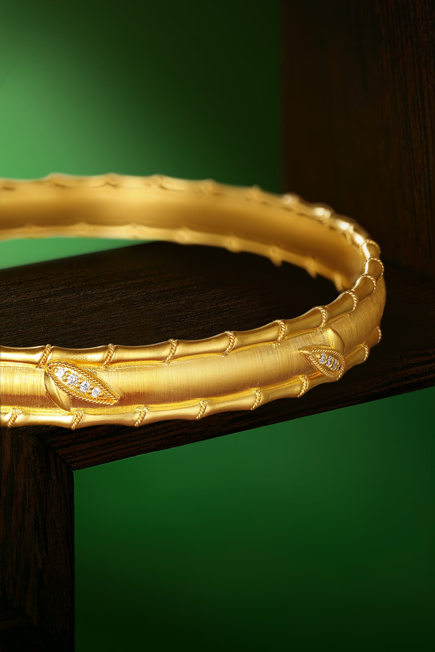 "Chinese Culture Collection - Dan Qing" 24K Gold Bangle Bracelet Diamond 0.005ct Bamboo 44-52g W1036271