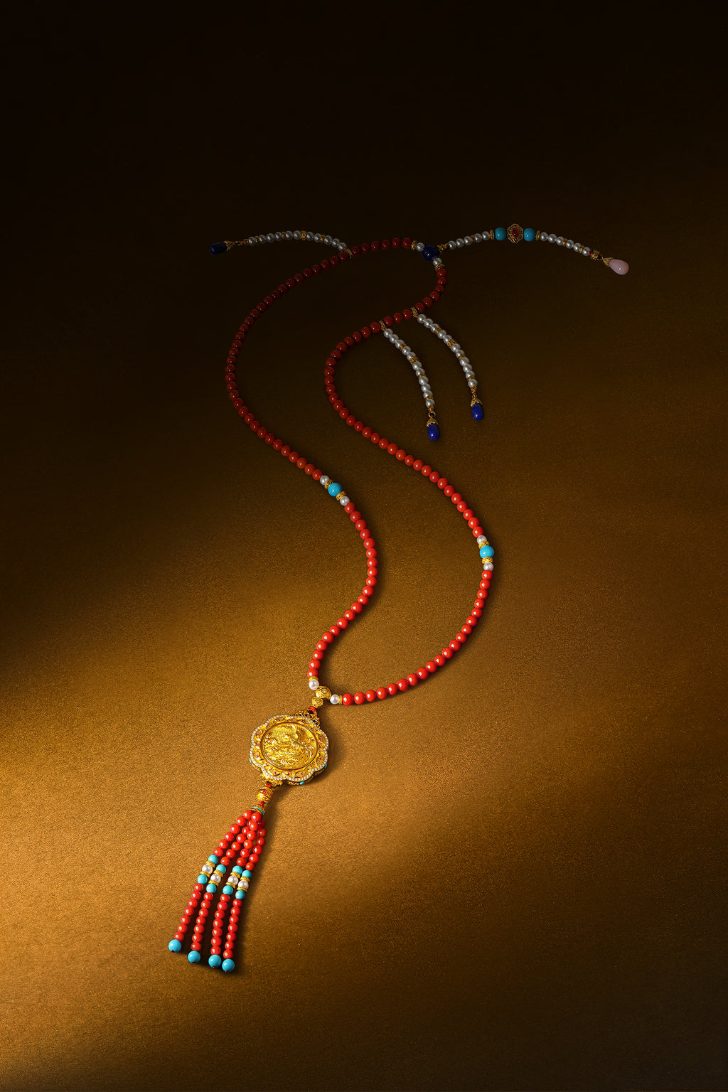 "Chinese Culture Collection - Dan Qing" 24K Gold Pendant Necklace Braided Rope Agate 3-5.5mm Diamond 0.05ct 0.0024-0.0045 Dragons & Phoenixes 56-64.5g J0636327