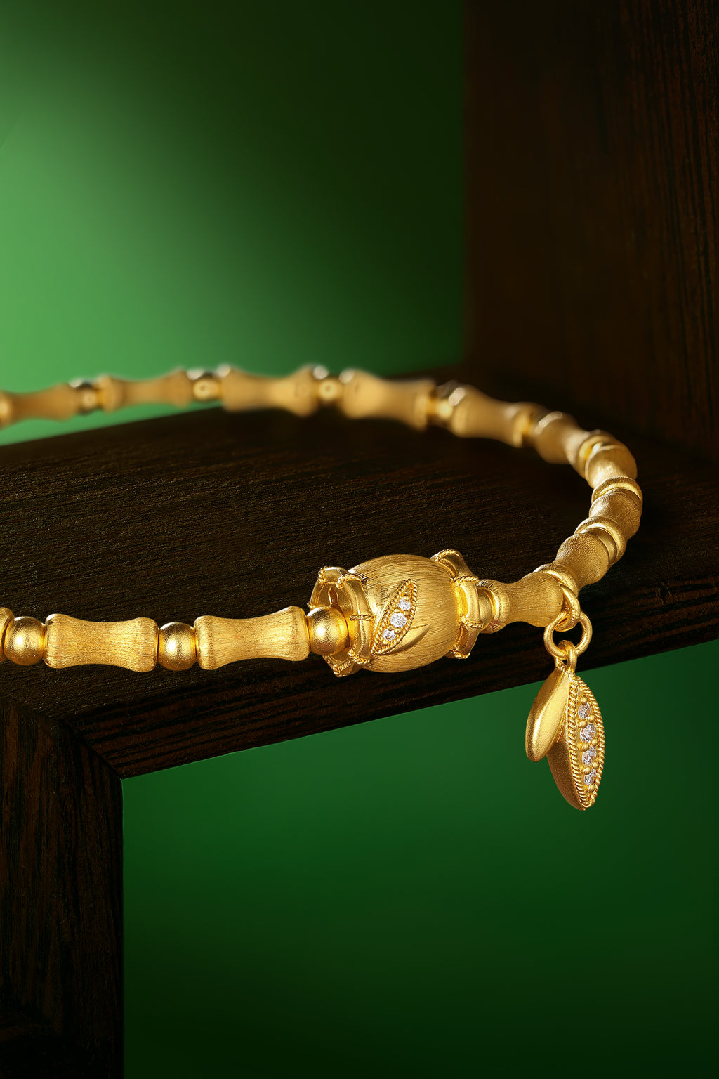 "Chinese Culture Collection - Dan Qing" 24K Gold Beaded Bracelet Diamond 0.0067ct Bamboo 11.7-14.7g W1936324