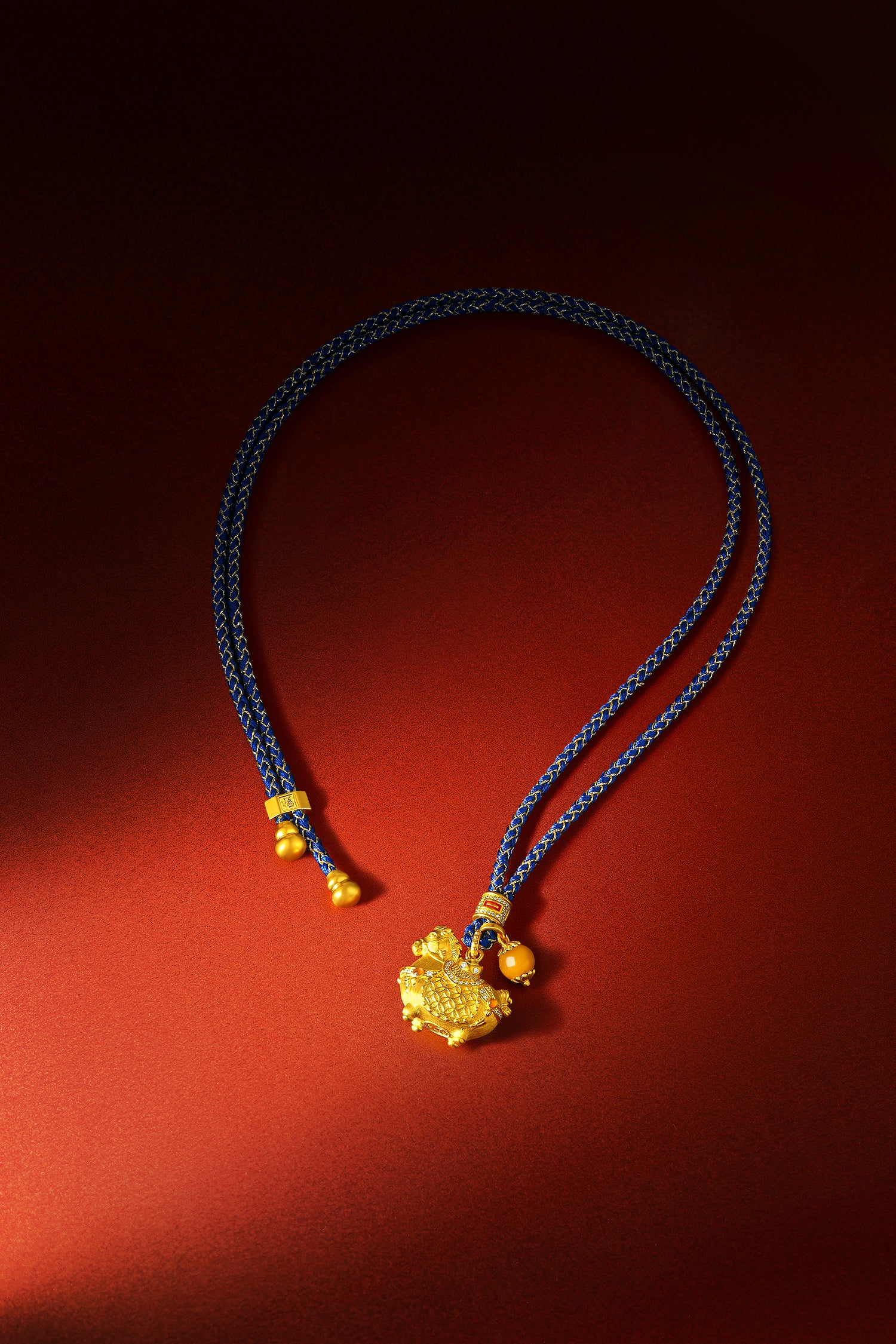 "Chinese Culture Collection - Dan Qing" 24K Gold Pendant Braided Rope Diamond 0.0026ct Amber 6-6.5mm Horse 16-18.55g W0436254