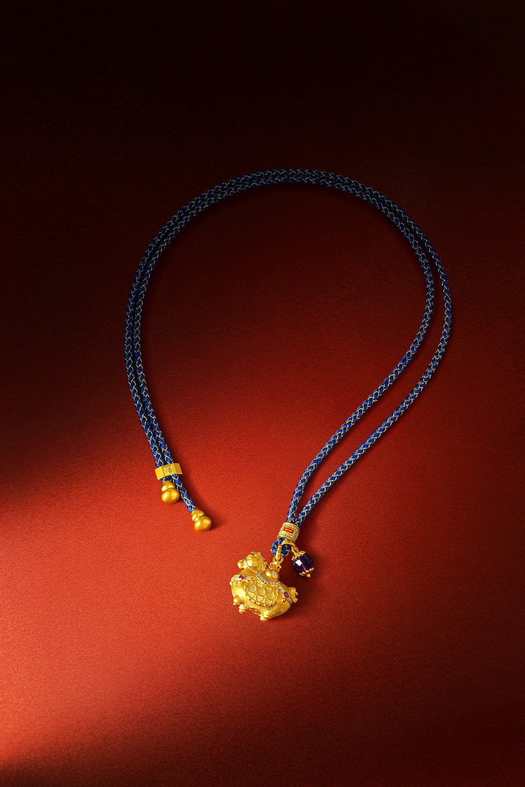 "Chinese Culture Collection - Dan Qing" 24K Gold Pendant Braided Rope Diamond 0.0026ct Amethyst 6-6.5mm Horse 16-18.5g W0436248