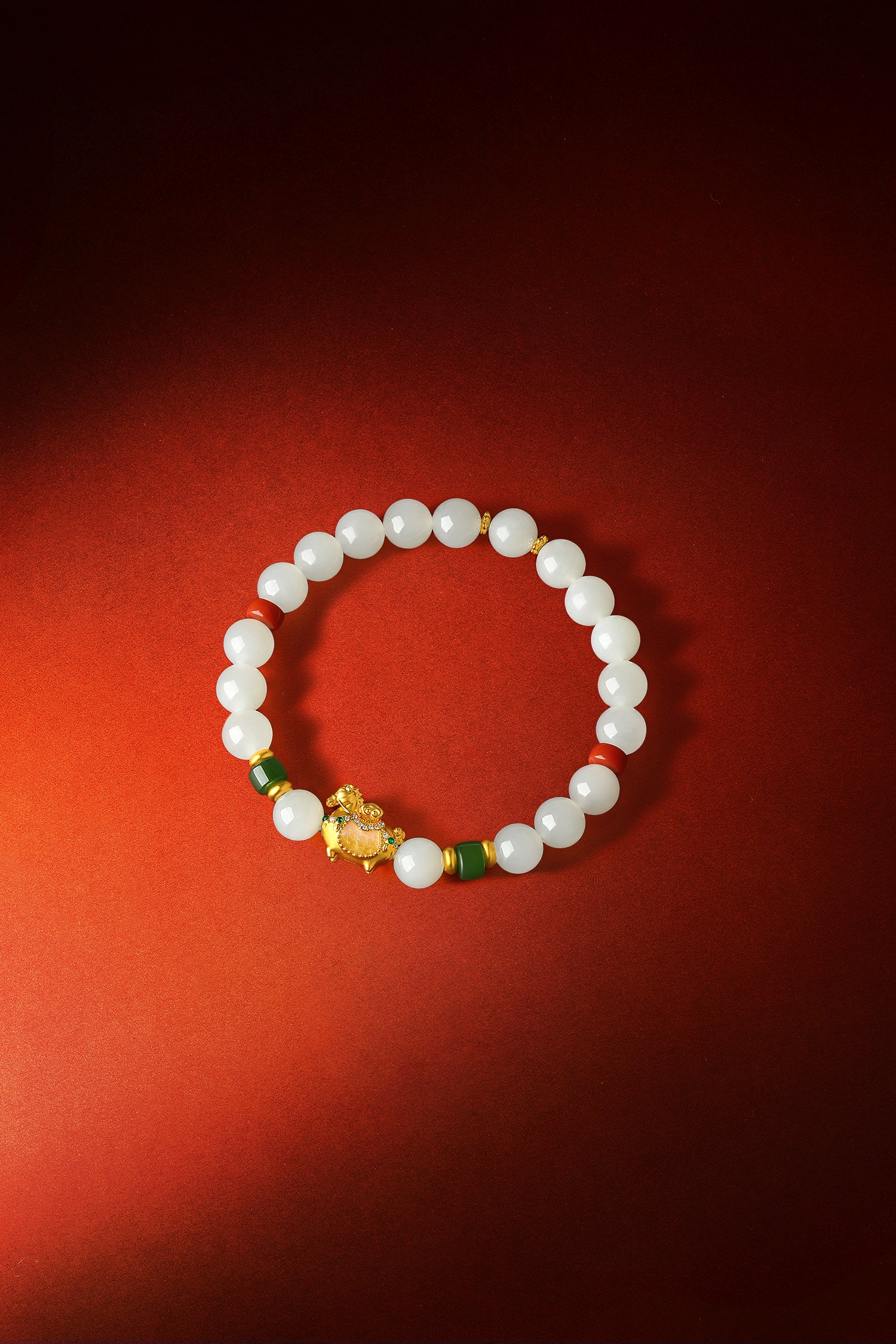 "Chinese Culture Collection - Dan Qing" 24K Gold Beaded Bracelet Hetian Jade 7.8-8.3mm Diamond 0.0026ct 5.8-6.3*2.8-3.3mm Horse 1.1-1.6g Y1937270