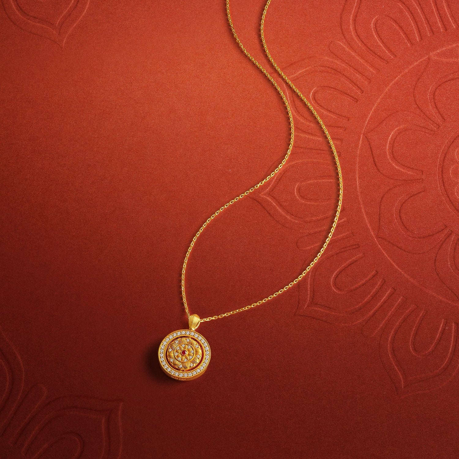 "Jiuhua Mountain" 24K Gold Cross Chain Necklace Diamond Ruby Rotatable Floral Round Pendant Chain Size 40+5cm W0640430