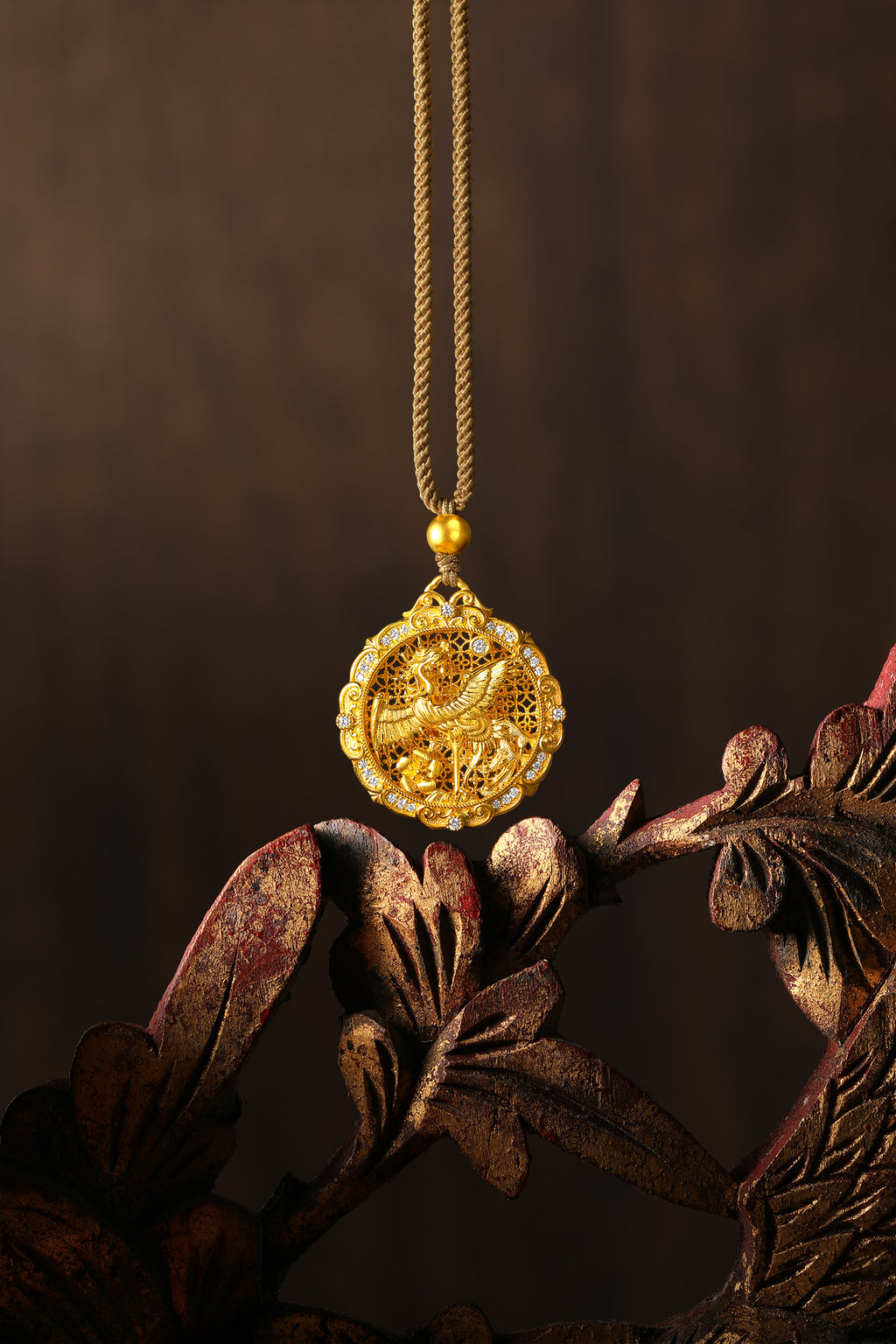 "Chinese Culture Collection - Wood Carving" 999 24K Gold  String Pendant Diamond 0.017ct Diamond 0.01ct Diamond 0.005ct Dragon Phoenix 13-15g W0450033