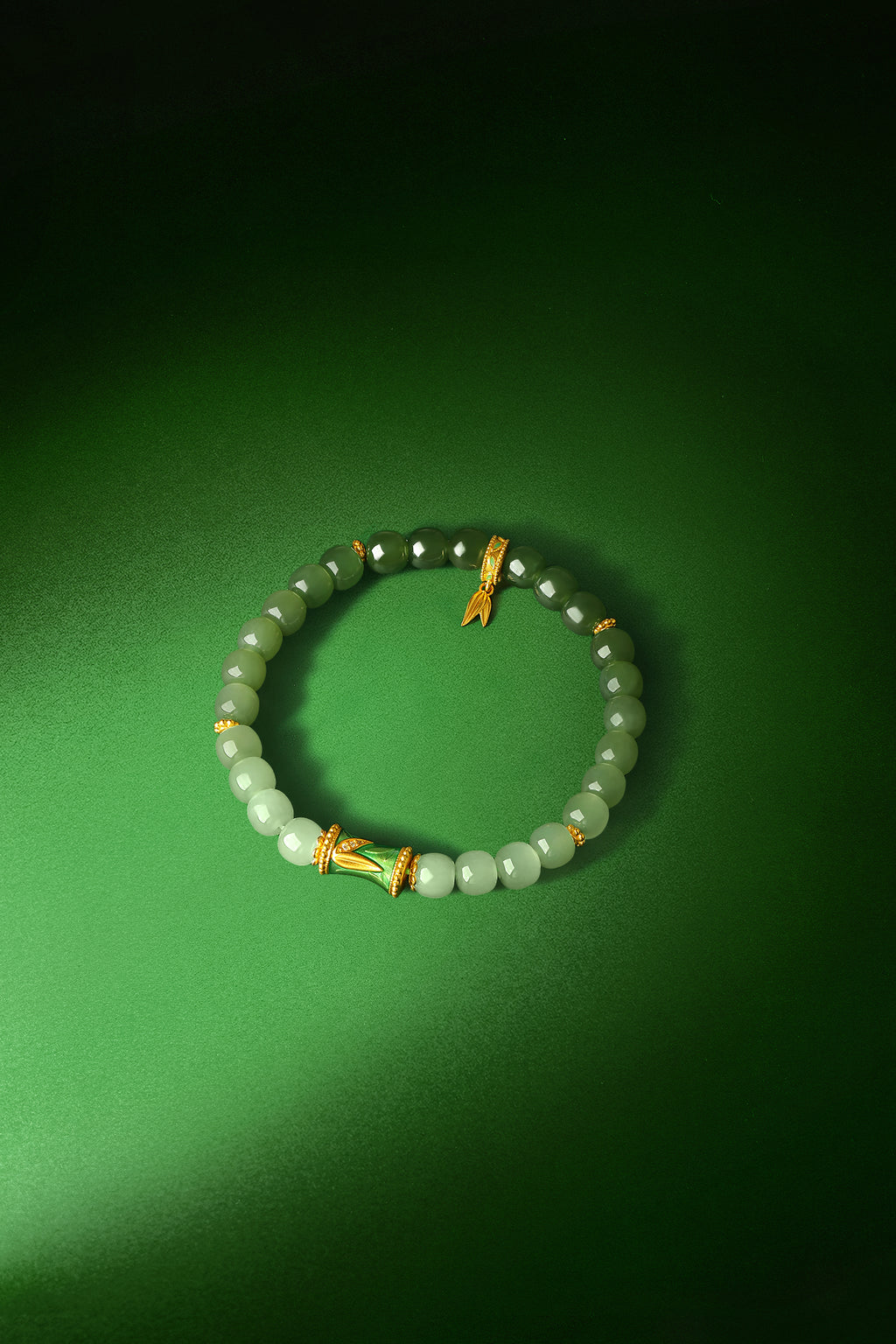 "Chinese Culture Collection - Dan Qing" 24K Gold Beaded Bracelet Hetian Jade 6.5-7*5.8-6.3mm Diamond 0.0033ct   Bamboo 1.9-2.9g Y1937744