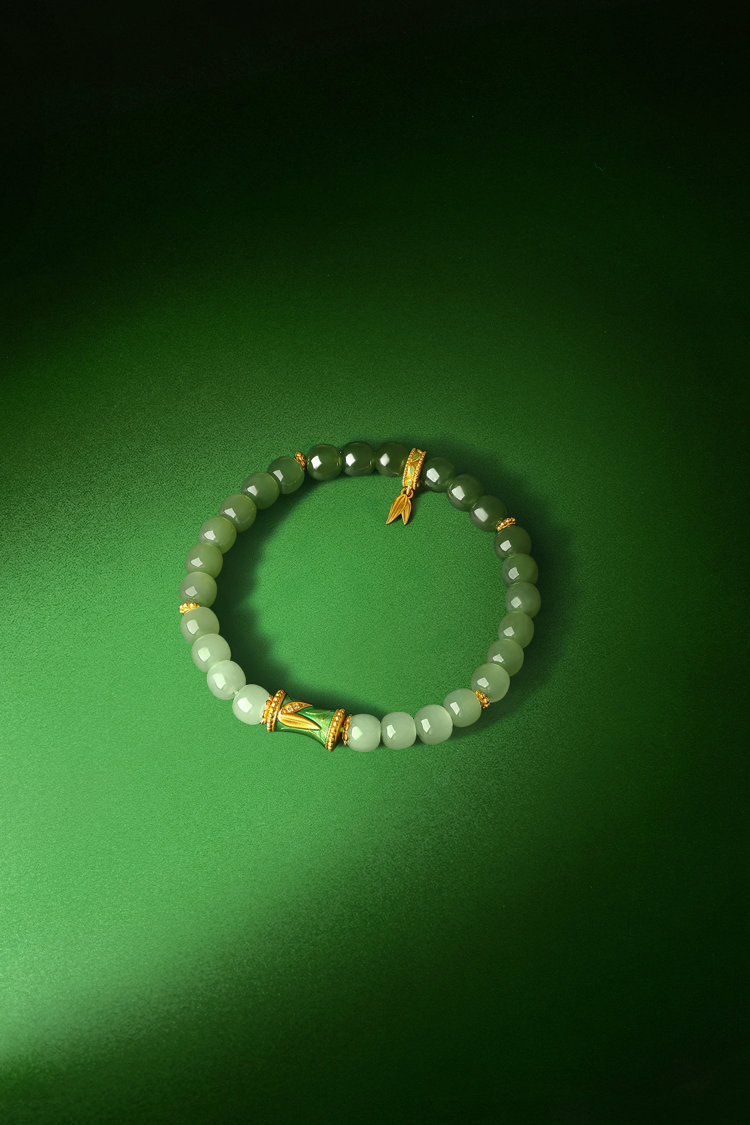 "Chinese Culture Collection - Dan Qing" 24K Gold Beaded Bracelet Hetian Jade 6.5-7*5.8-6.3mm Diamond 0.0033ct   Bamboo 1.9-2.9g Y1937744