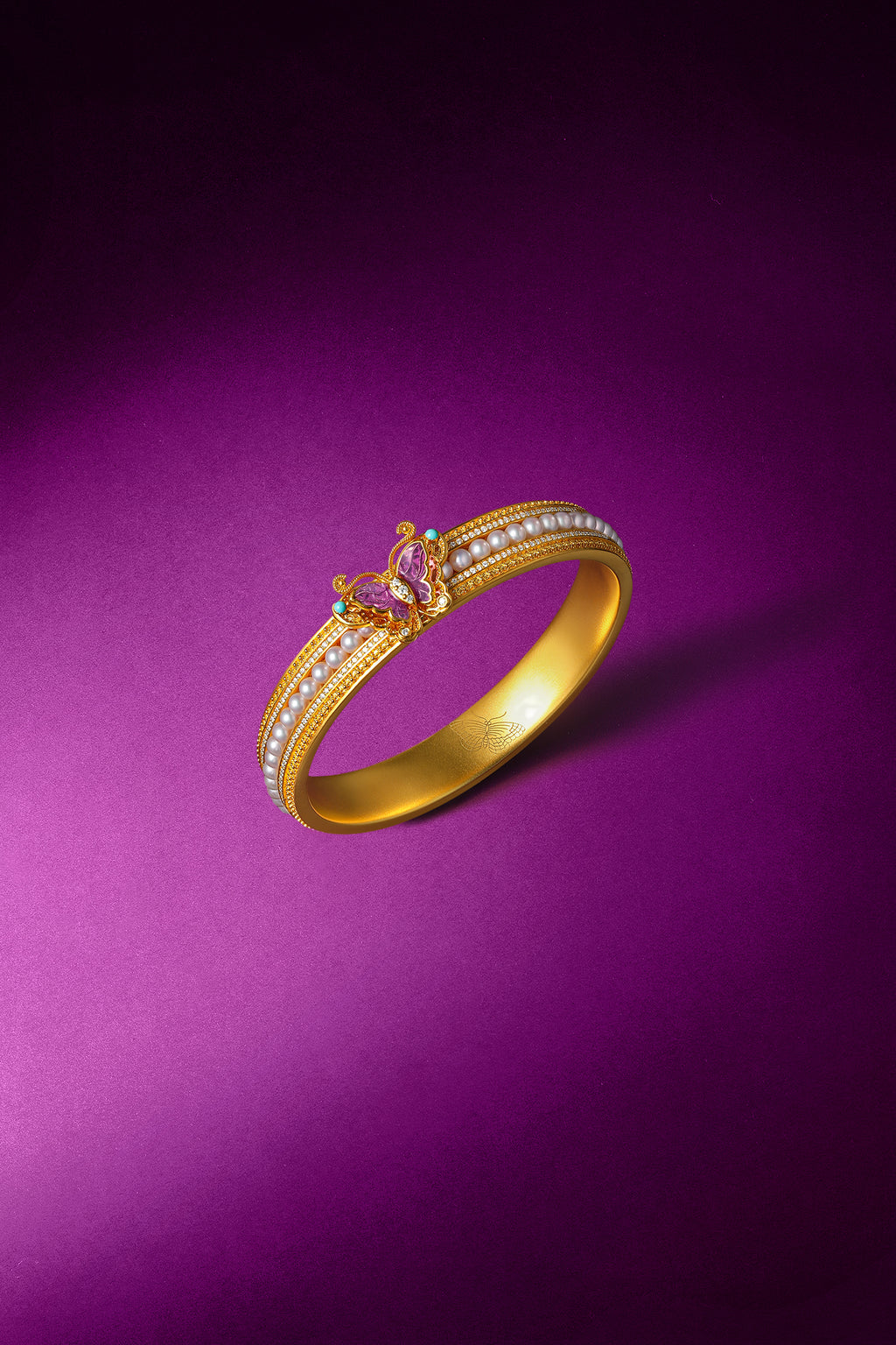 "Chinese Culture Collection - Dan Qing" 24K Gold Bangle Bracelet Diamond 0.003ct Pearl 3mm Butterfly 56-63g W1043660
