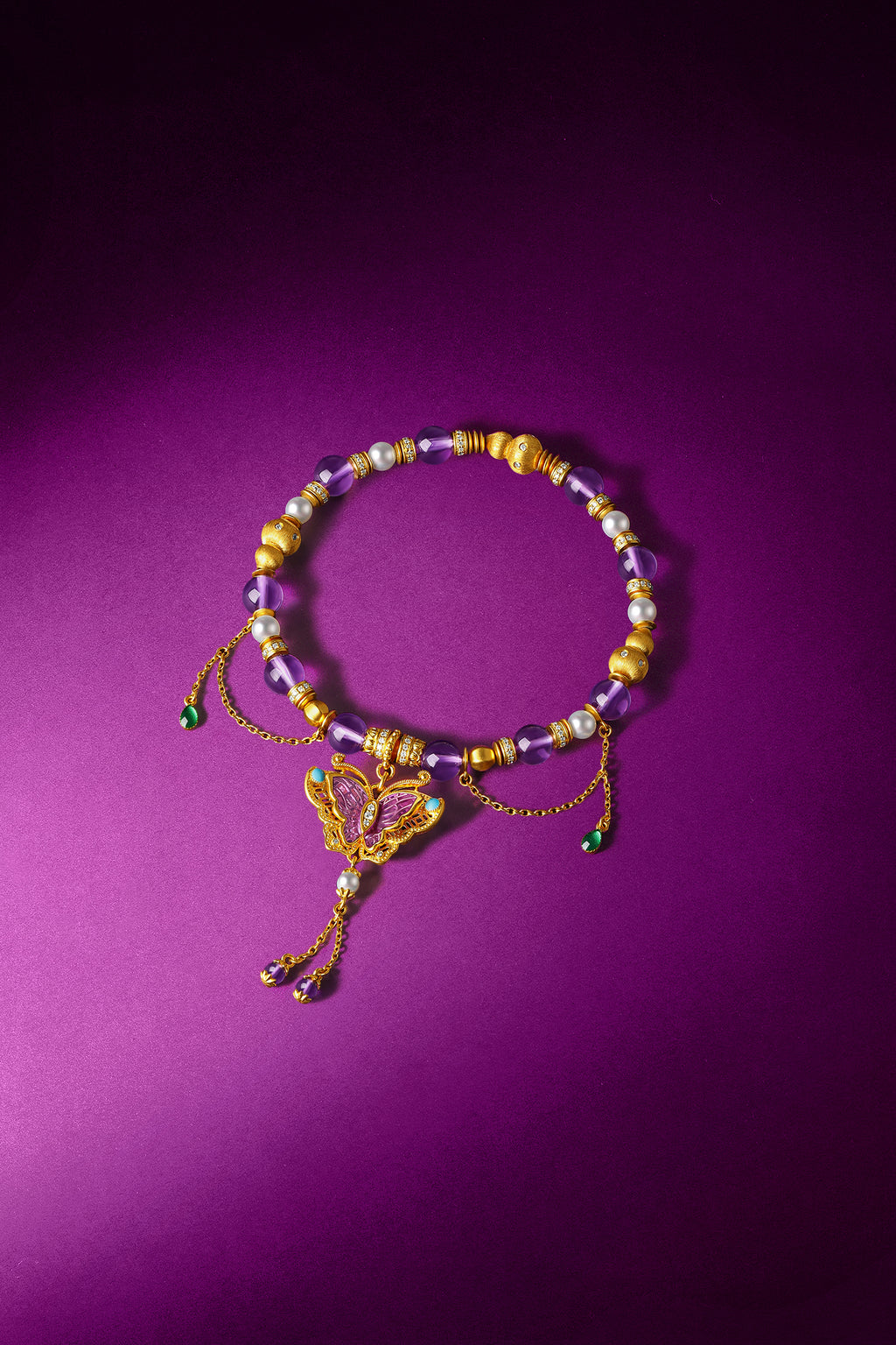 "Chinese Culture Collection - Dan Qing" 24K Gold Beaded Bracelet Amethyst 6-6.5mm Diamond 0.0031ct 3.8-4.3mm Butterfly 19-23g J1940431