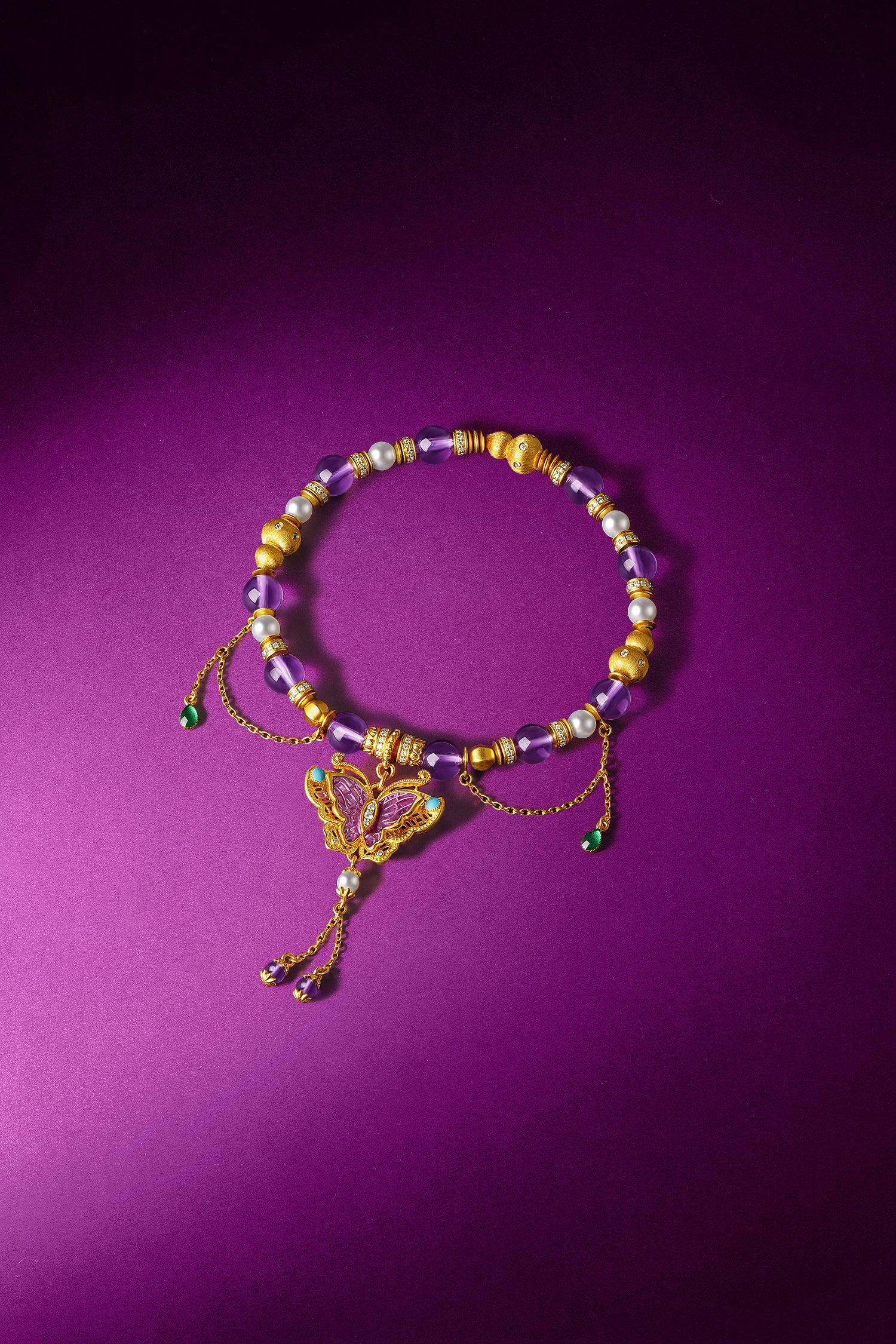"Chinese Culture Collection - Dan Qing" 24K Gold Beaded Bracelet Amethyst 6-6.5mm Diamond 0.0031ct 3.8-4.3mm Butterfly 19-23g J1940431
