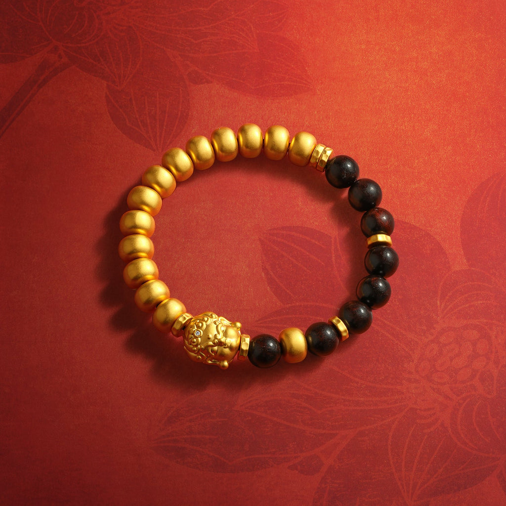 "Jiuhua Mountain" 24K Gold Mixed Beaded Bracelet Diamond Buddha Charm W1935473