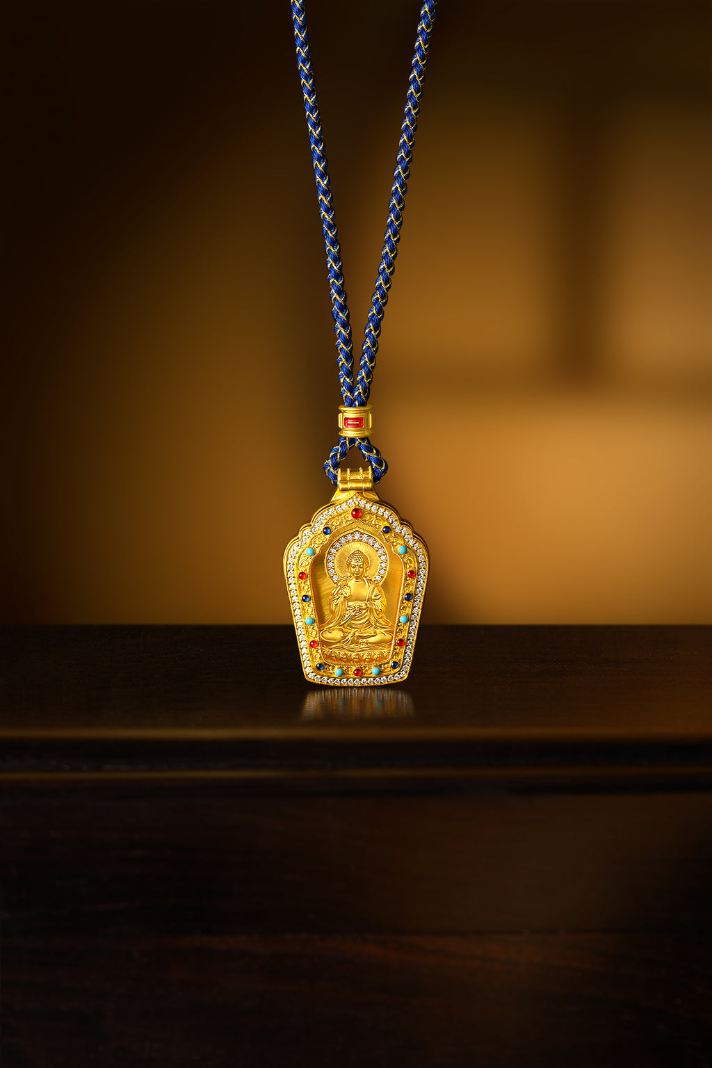 "Chinese Culture Collection - Dan Qing" 999 24K Gold String Pendant Necklace Diamond 0.0022ct Crystal 13.85*21.31*0.65mm 19.5-23.5g W0450077
