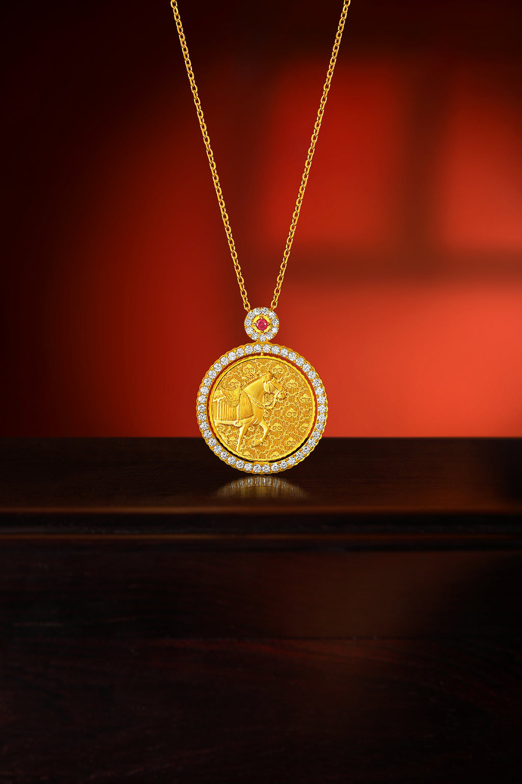 "Chinese Culture Collection - Dan Qing" 999 24K Gold Pendant Necklace Diamond 0.0102ct Ruby 0.04ct Zodiac 14.8-16.6g W0650037