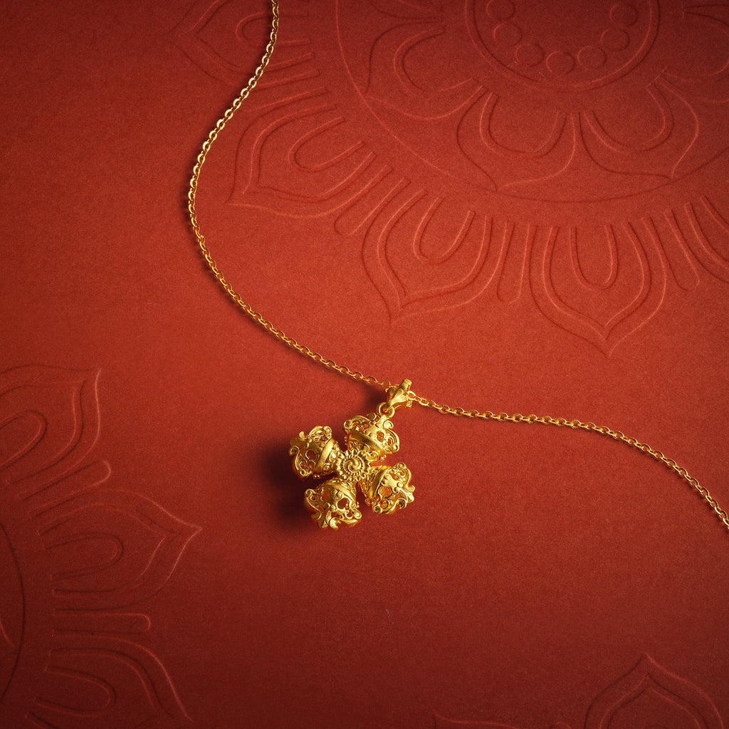 "Jiuhua Mountain" 24K Gold O Chain Necklace Diamond Four-Petaled Vajra Pendant Chain 40+5cm W0630216