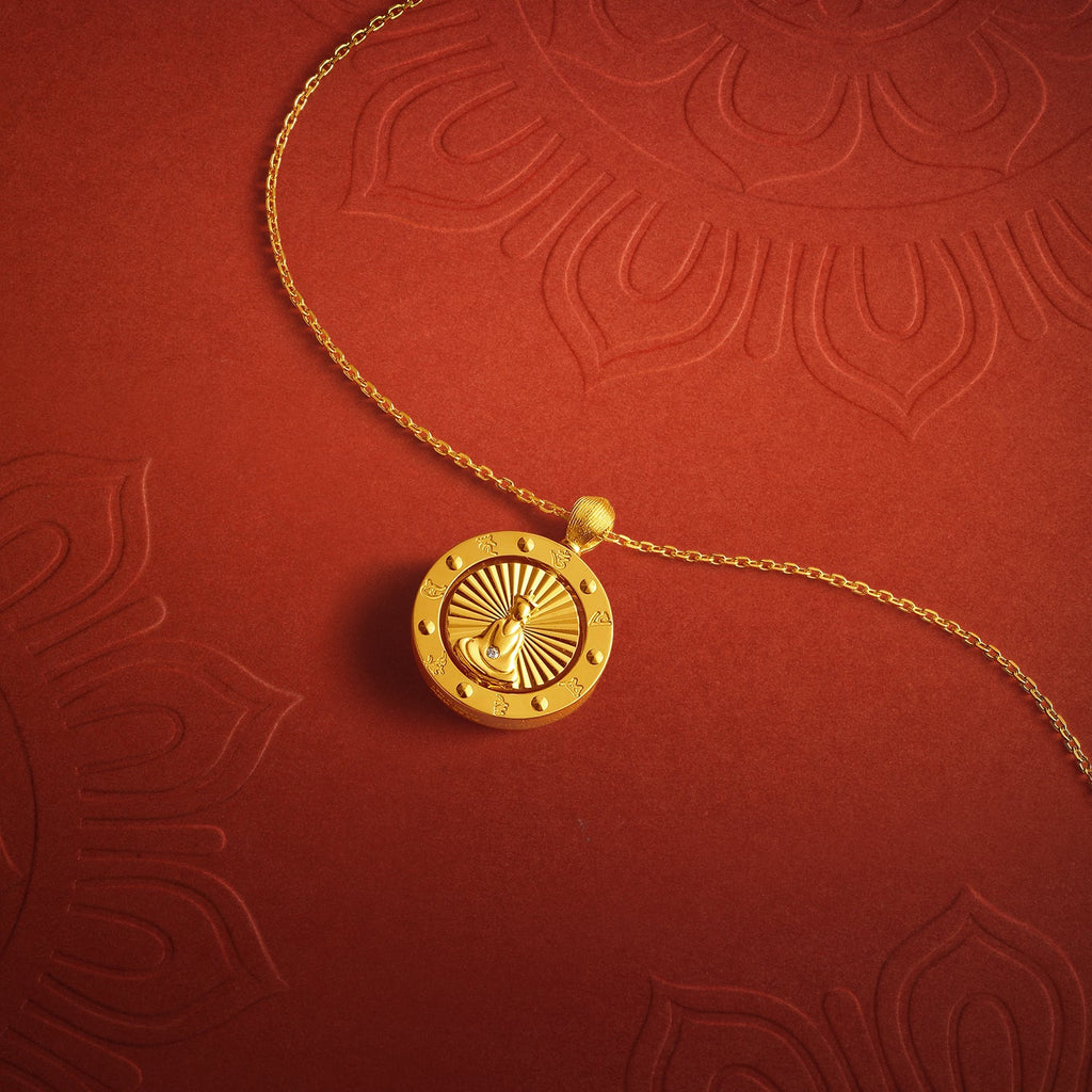 "Jiuhua Mountain" 24K Gold Cross Chain Necklace Diamond Ruby Rotatable Floral Round Pendant Chain Size 40+5cm W0640430