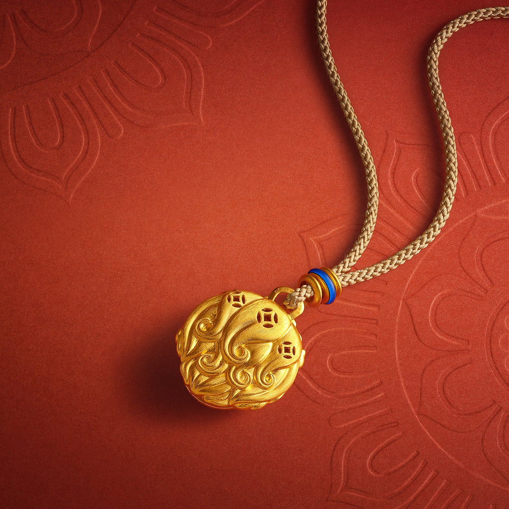 "Jiuhua Mountain" 24K Gold Diamond Rotatable Mythical Beast Round Pendant 0.0024ct W0430062