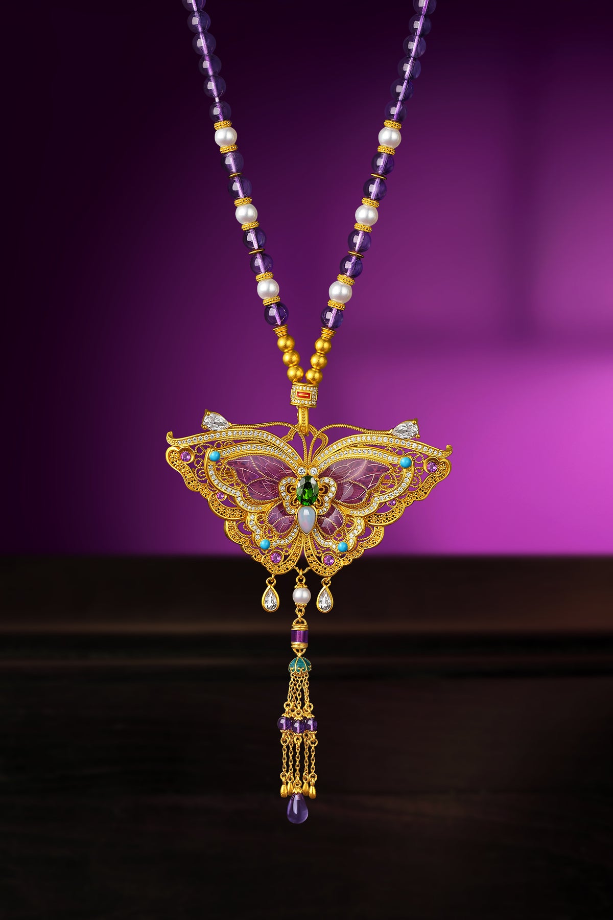 "Chinese Culture Collection - Dan Qing" 999 24K Gold String Pendant Necklace Amethyst 1.8-7.5mm Diamond 0.0042ct Freshwater Pearl 0.78ct Butterfly 50-56g J0650024