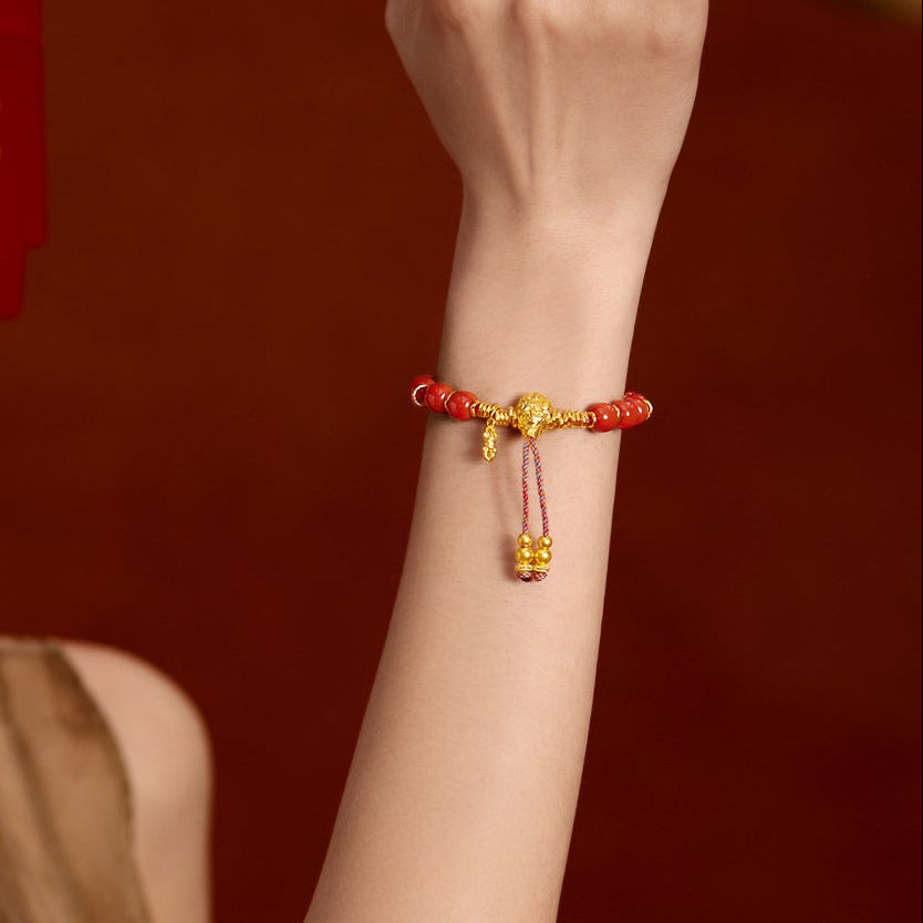 Jiuhua Mountain' 24K Gold Beaded Bracelet Agate Bodhi Bead Ksitigarbha's Implements A1915333