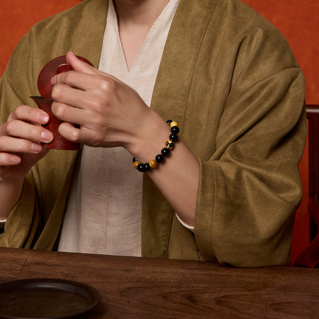 九華山 24K 金珠手鍊 瑪瑙虎眼石珠 佛經 A1915271