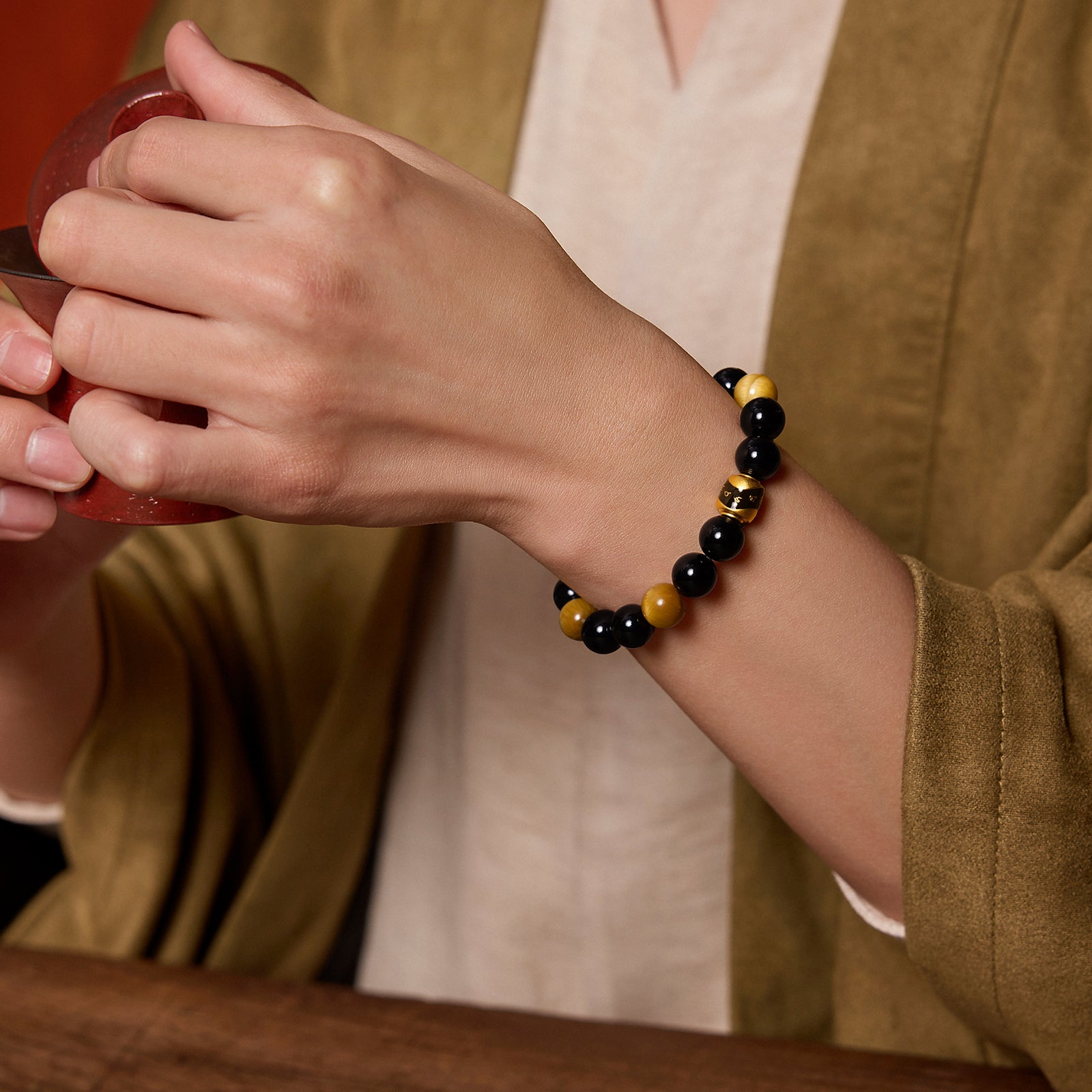 九華山 24K 金珠手鍊 瑪瑙虎眼石珠 佛經 A1915271