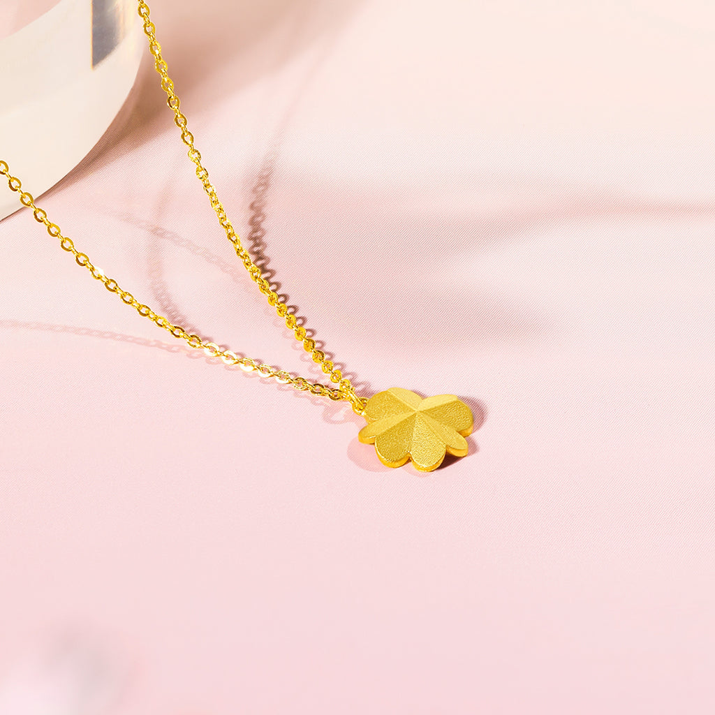 24K Solid Gold Matte Four Leaf Clover Pendant Necklace for Women - 18" Gold Chain Fine Jewelry Birthday Anniversary Gift for Women A0611665