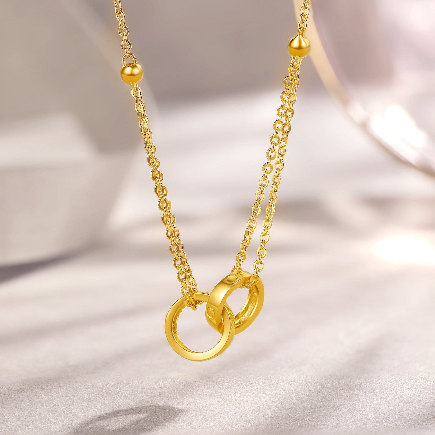 999.9 24K Gold Pendant Necklace Interlocking Circles 7.3-7.8g A0611857