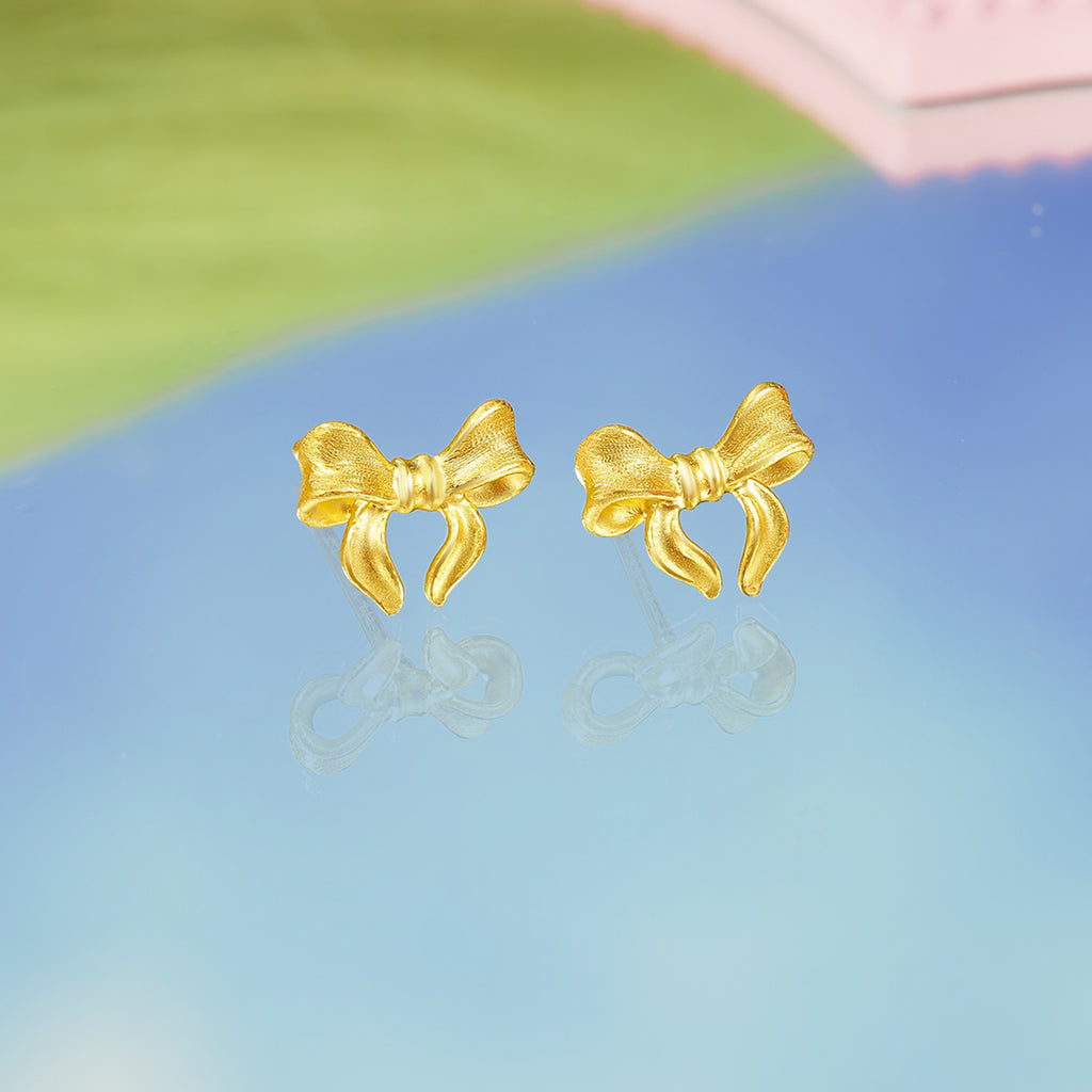 "Fugitive Princess" 999 24K Gold Earrings Bow 2.8-3.2g A0912628