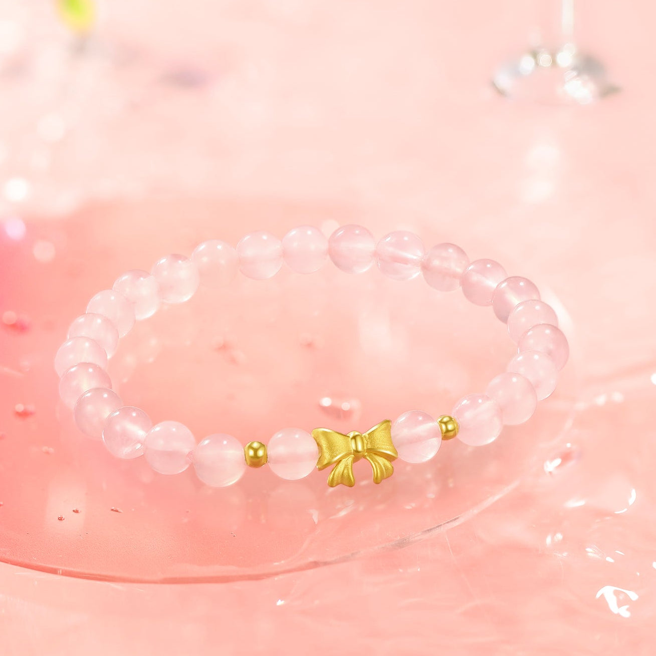 24K Gold Beaded Bracelet Rose Quartz 0.45-0.65g Bow A1911408