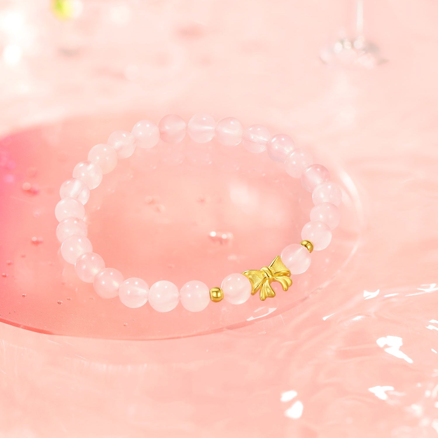 24K Gold Beaded Bracelet Rose Quartz 0.45-0.65g Bow A1911408