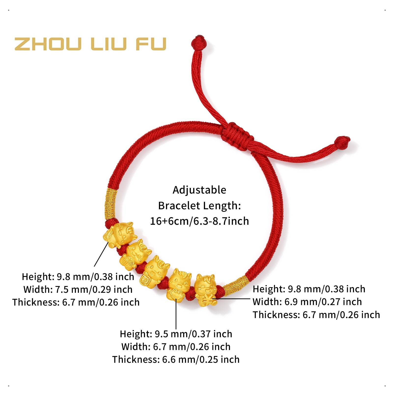 'Year of the Horse'  24K Gold String Bracelet Five Horses 2-2.5g 16cm-22cm A1716249