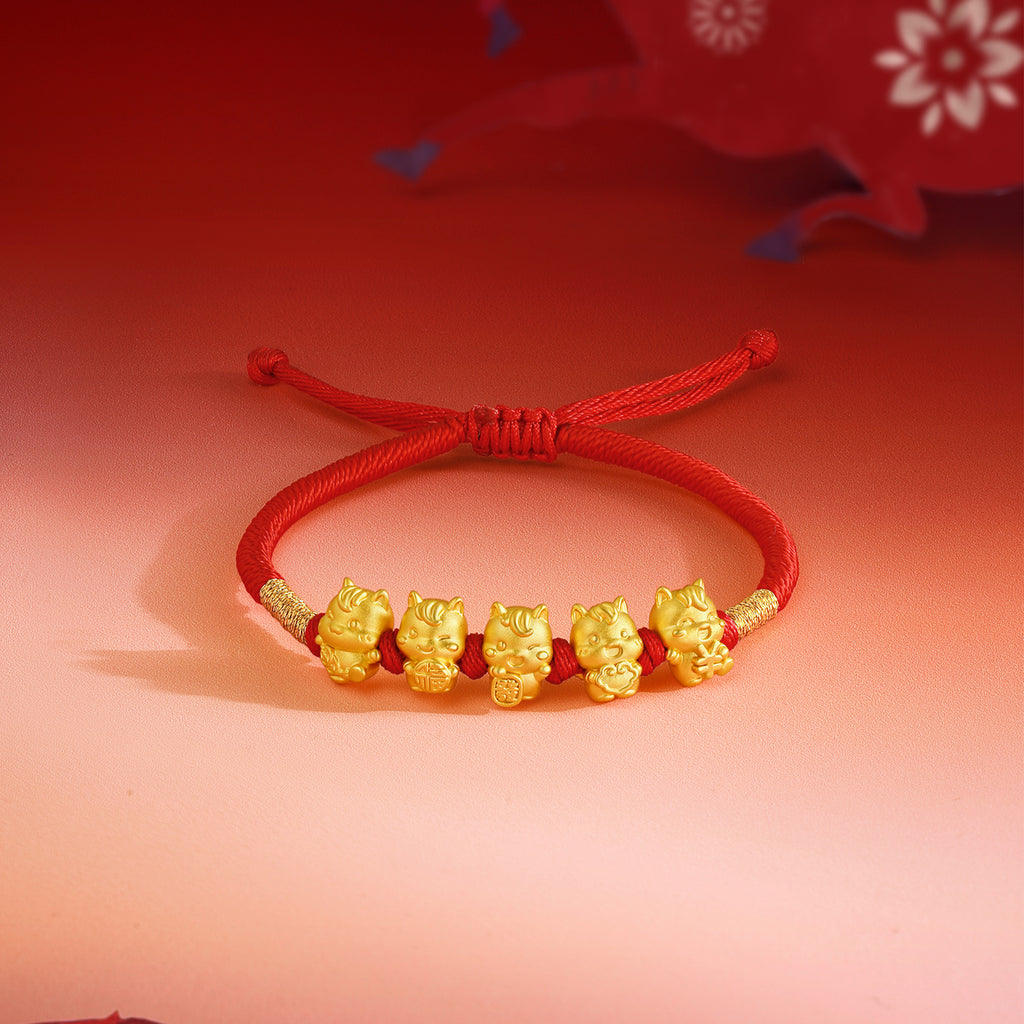 "Year of the Horse"  24K Gold String Bracelet Five Horses 2-2.5g 16cm-22cm A1716249