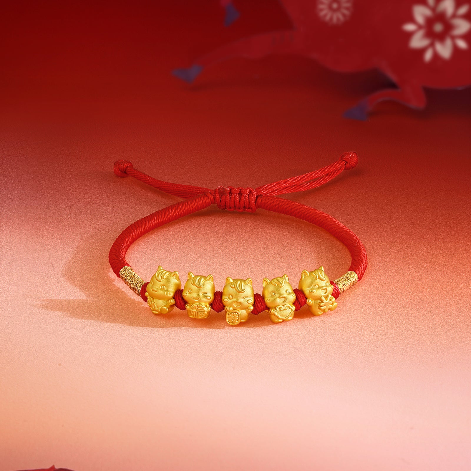 "Year of the Horse"  24K Gold String Bracelet Five Horses 2-2.5g 16cm-22cm A1716249
