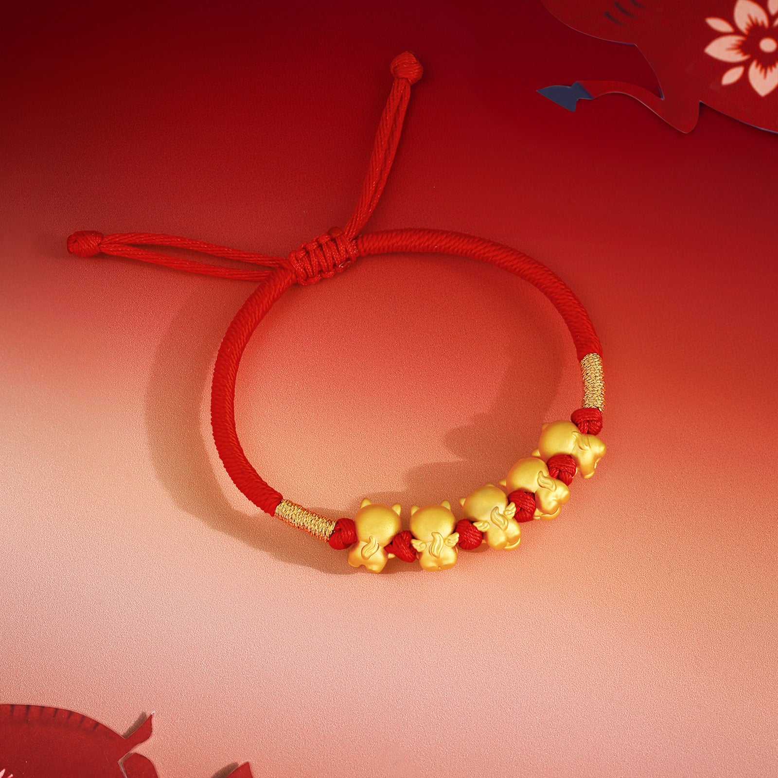 "Year of the Horse"  24K Gold String Bracelet Five Horses 2-2.5g 16cm-22cm A1716249